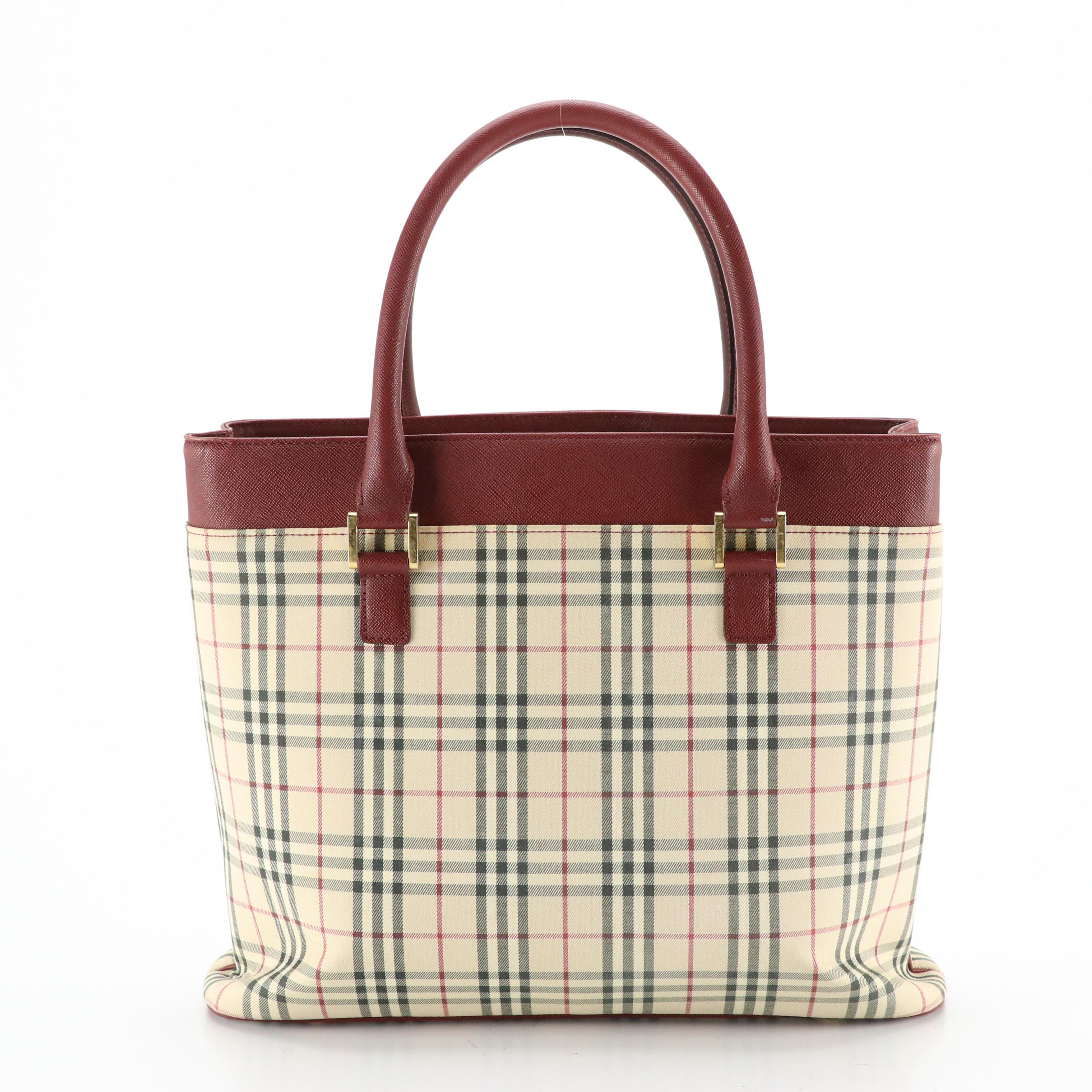 Burberry Nova Check Canvas and Oxblood Red Saffiano Leather Tote