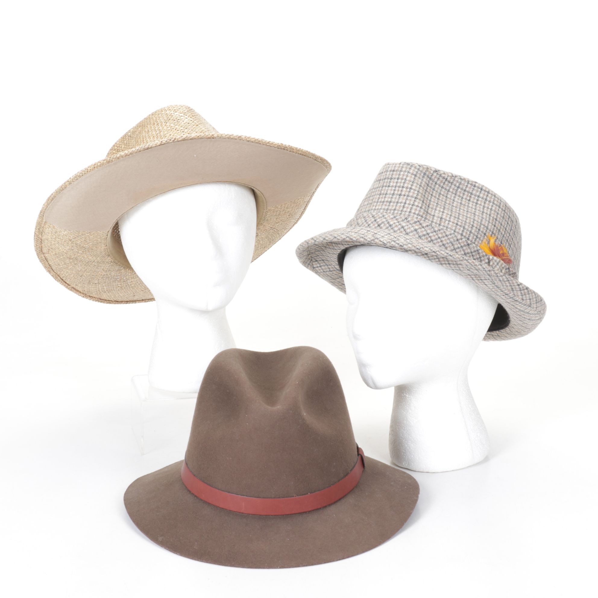 Stetson Straw Hat with Pendleton Houndstooth and Brown Wool Fedoras