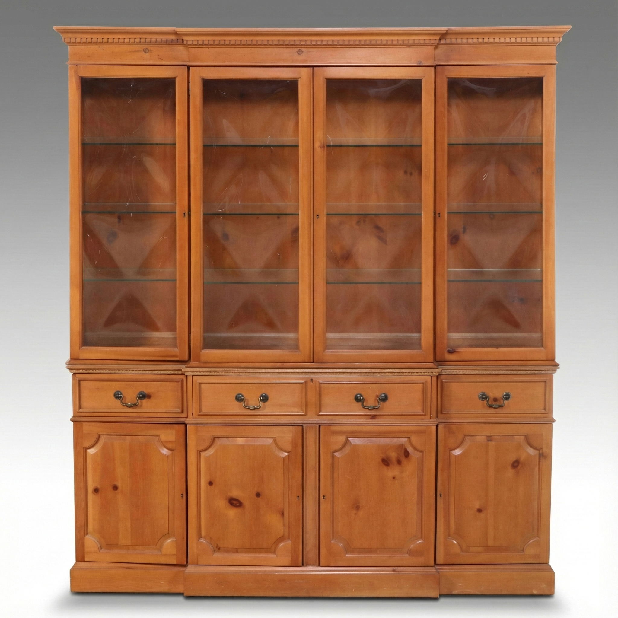 Georgian Style Pine Breakfront Secretary Bookcase, Mid to Late 20th Century