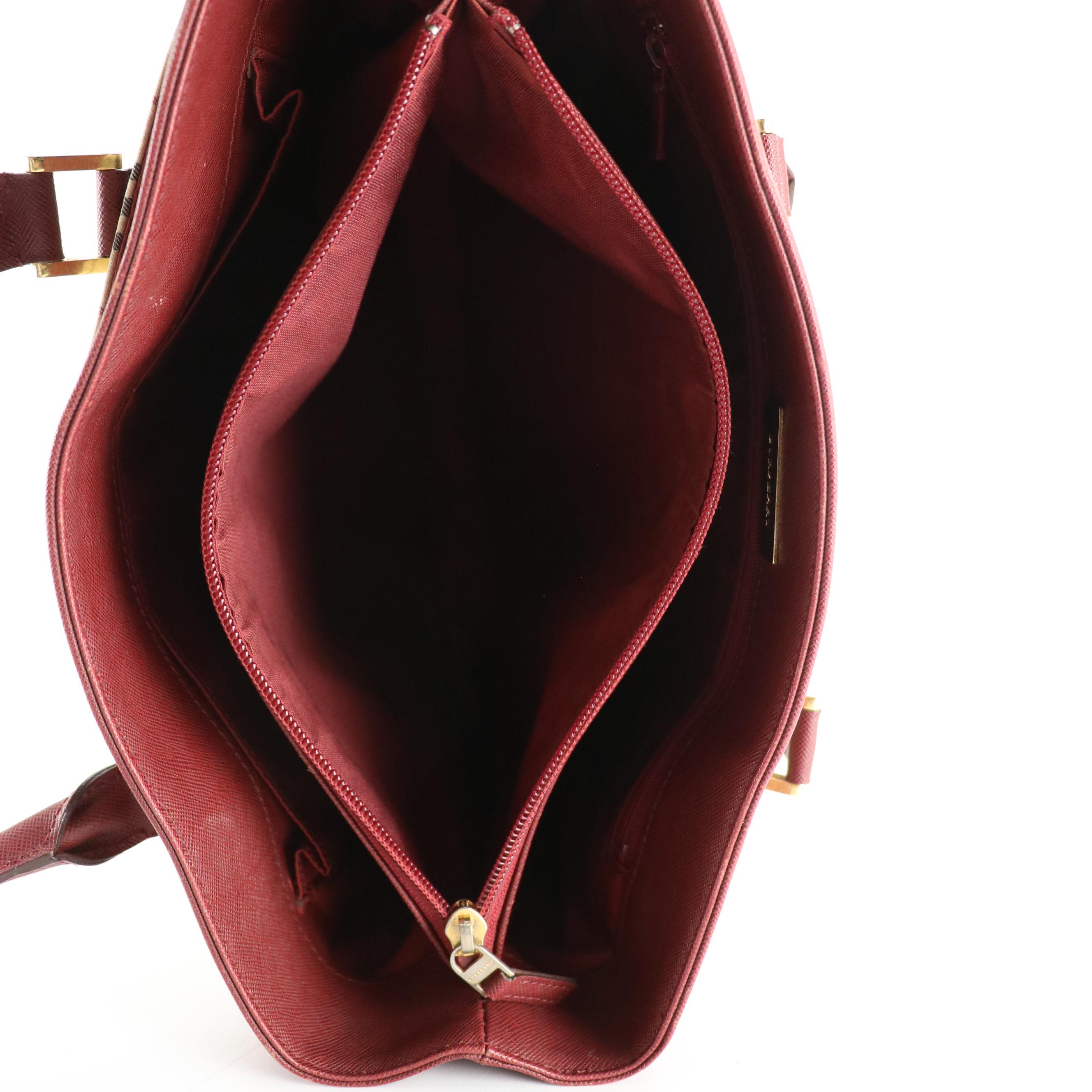 Burberry Nova Check Canvas and Oxblood Red Saffiano Leather Tote