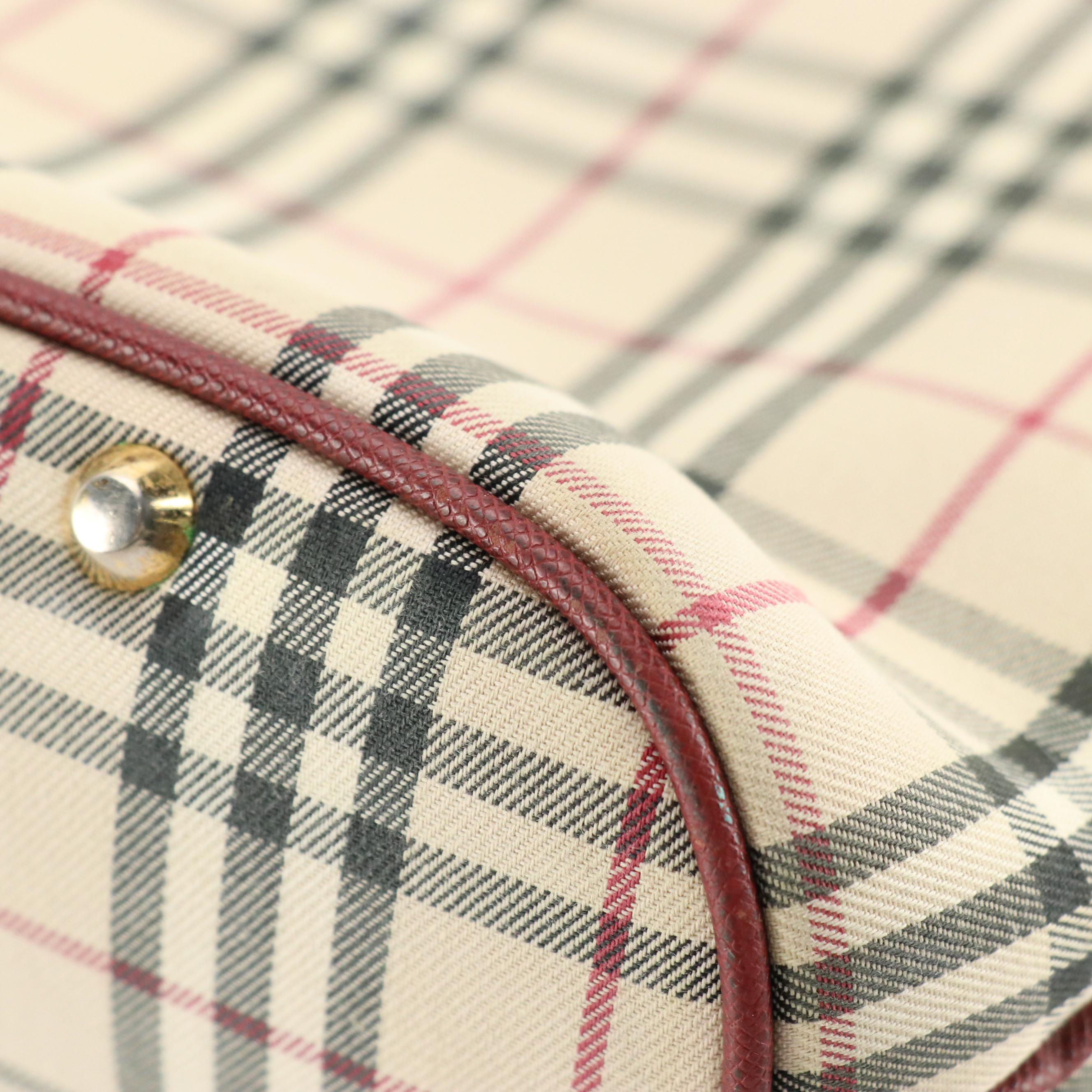 Burberry Nova Check Canvas and Oxblood Red Saffiano Leather Tote