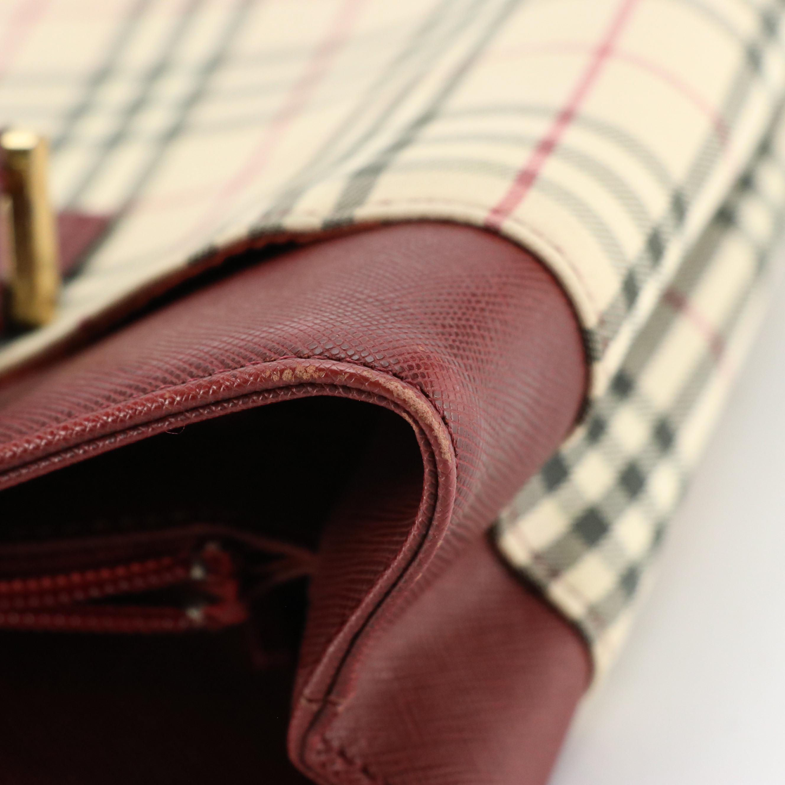 Burberry Nova Check Canvas and Oxblood Red Saffiano Leather Tote