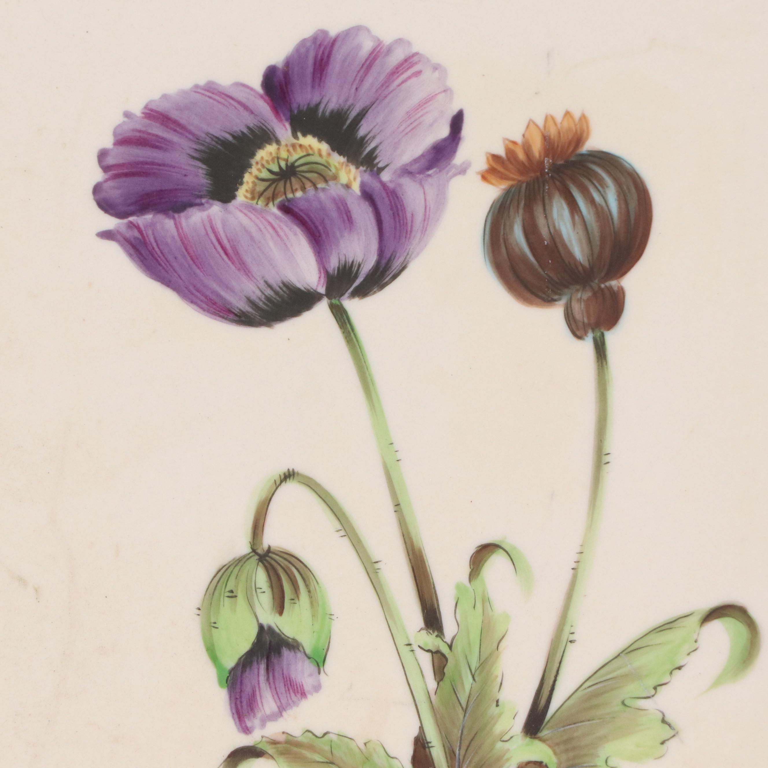 Ba'Lint Kramlik Floral Hand-Painted Porcelain Tile of Opium Poppy, 1974