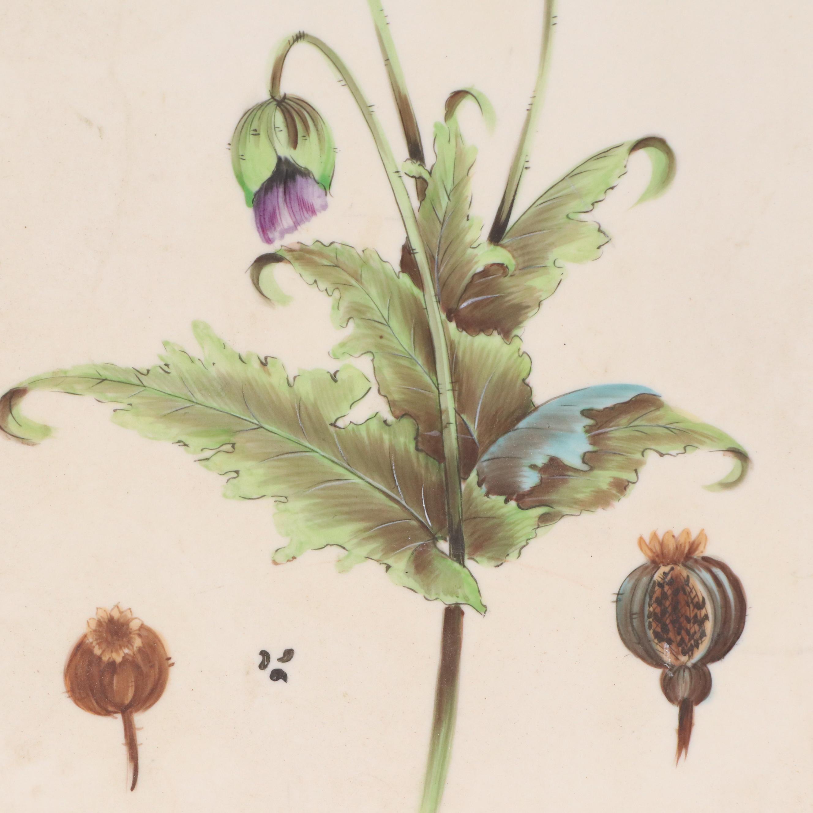 Ba'Lint Kramlik Floral Hand-Painted Porcelain Tile of Opium Poppy, 1974