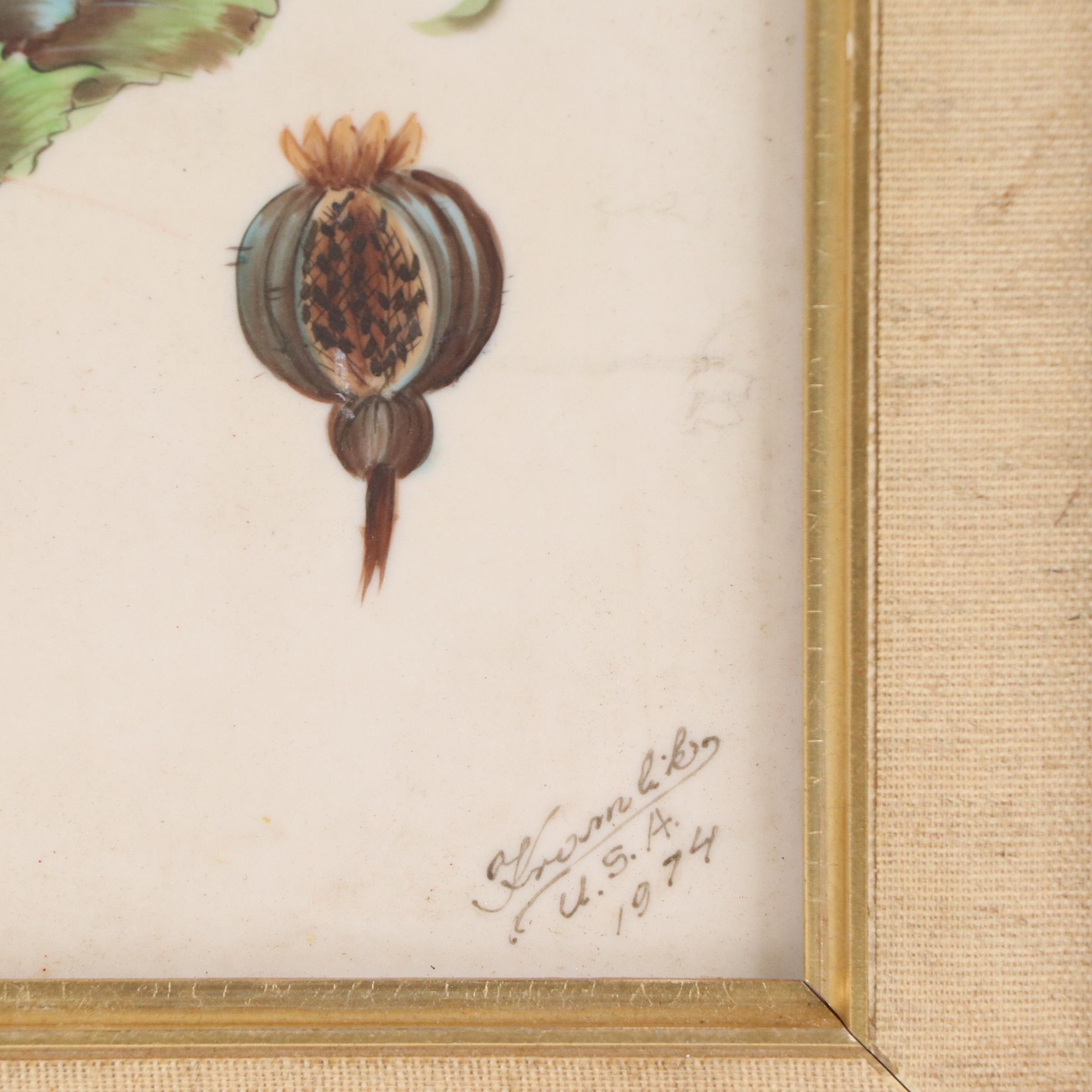 Ba'Lint Kramlik Floral Hand-Painted Porcelain Tile of Opium Poppy, 1974