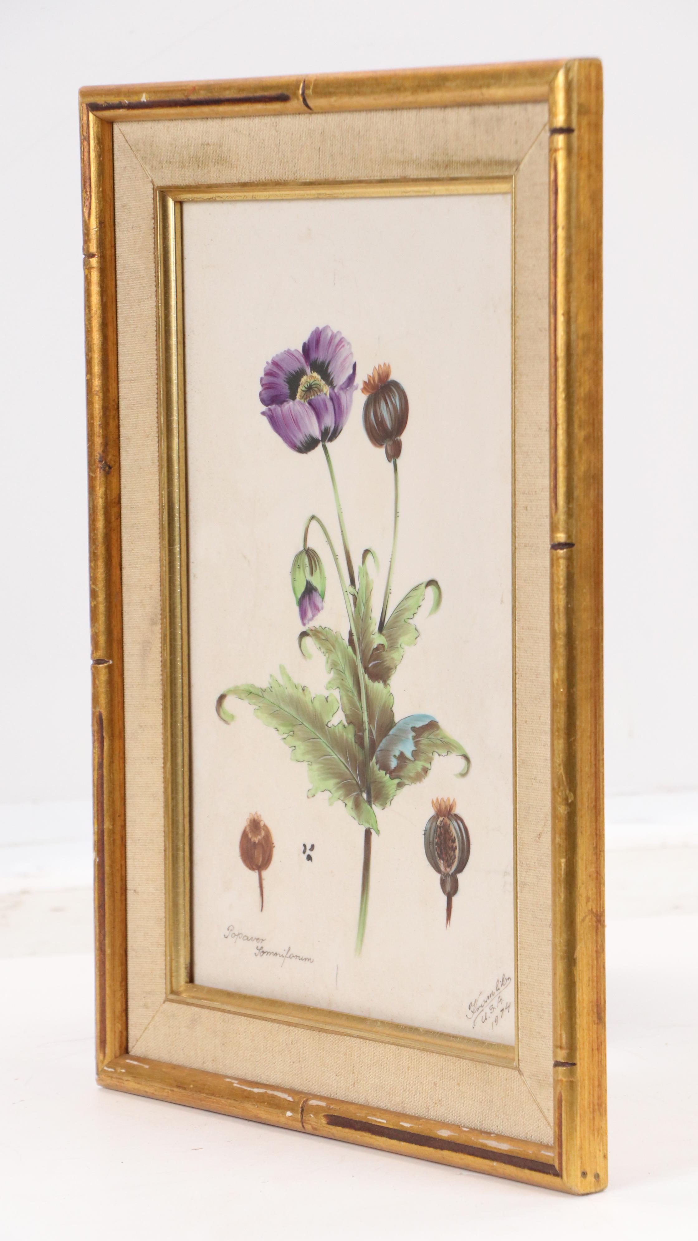 Ba'Lint Kramlik Floral Hand-Painted Porcelain Tile of Opium Poppy, 1974