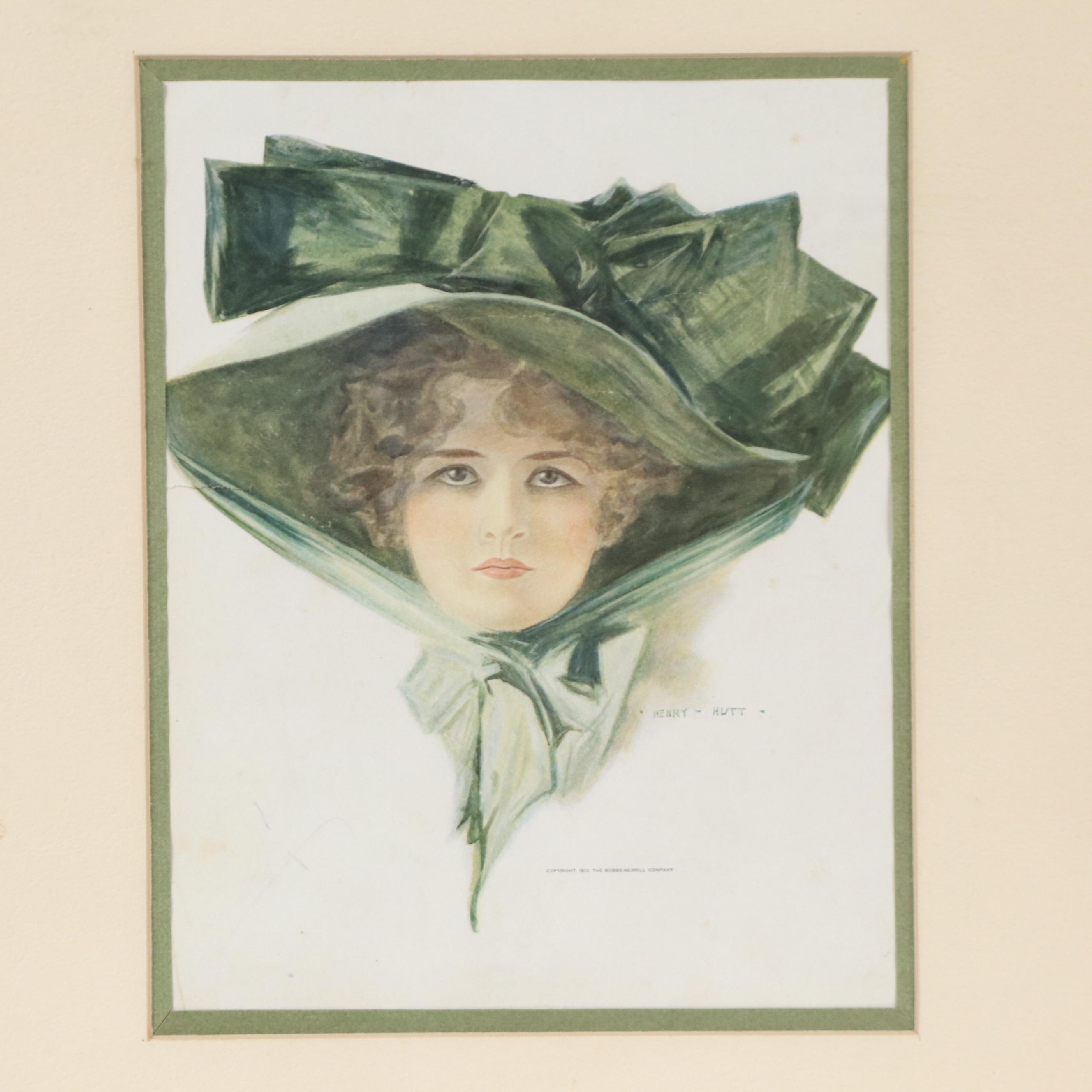Henry Hutt Offset Lithograph of Woman with Large Green Hat, 1912