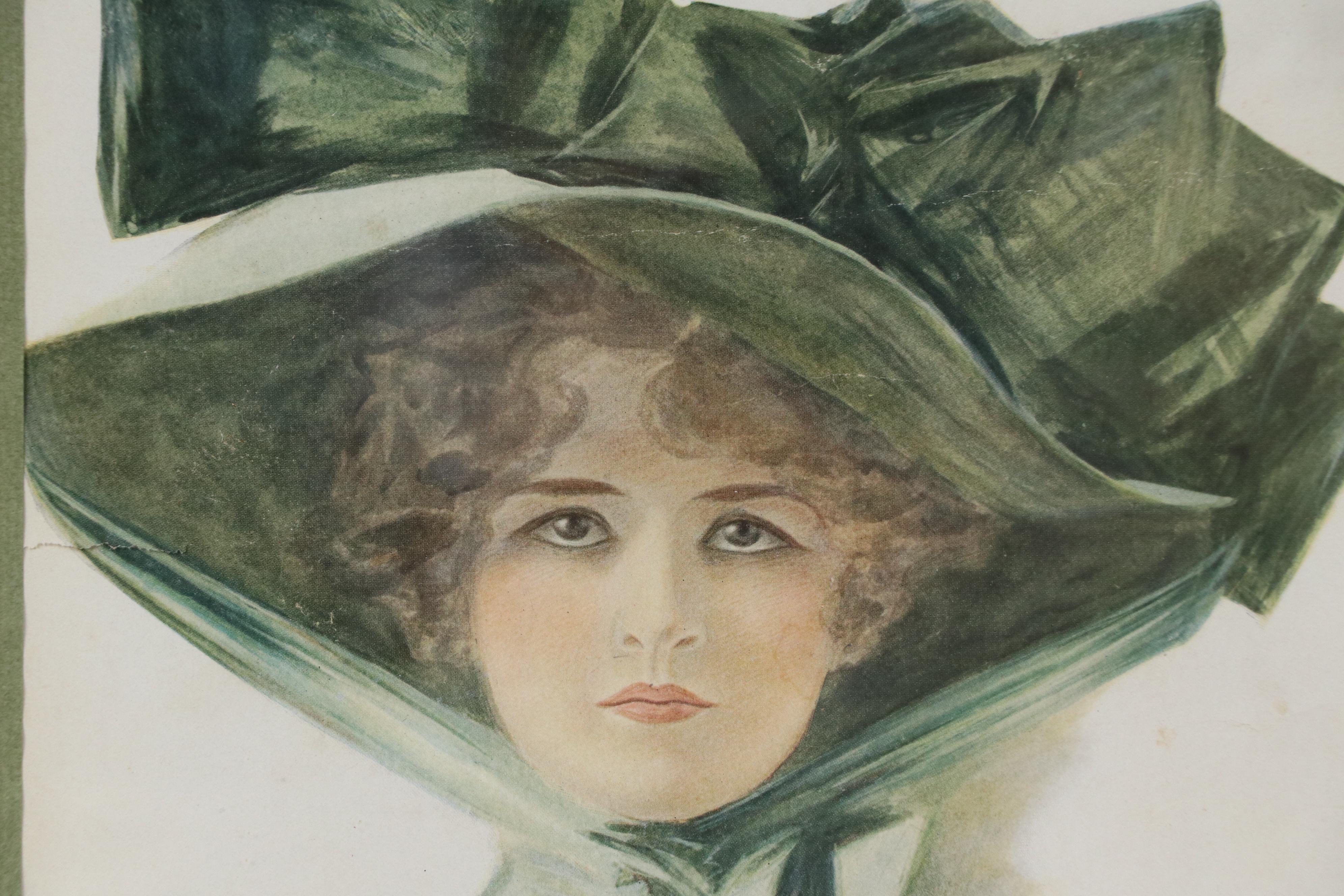 Henry Hutt Offset Lithograph of Woman with Large Green Hat, 1912