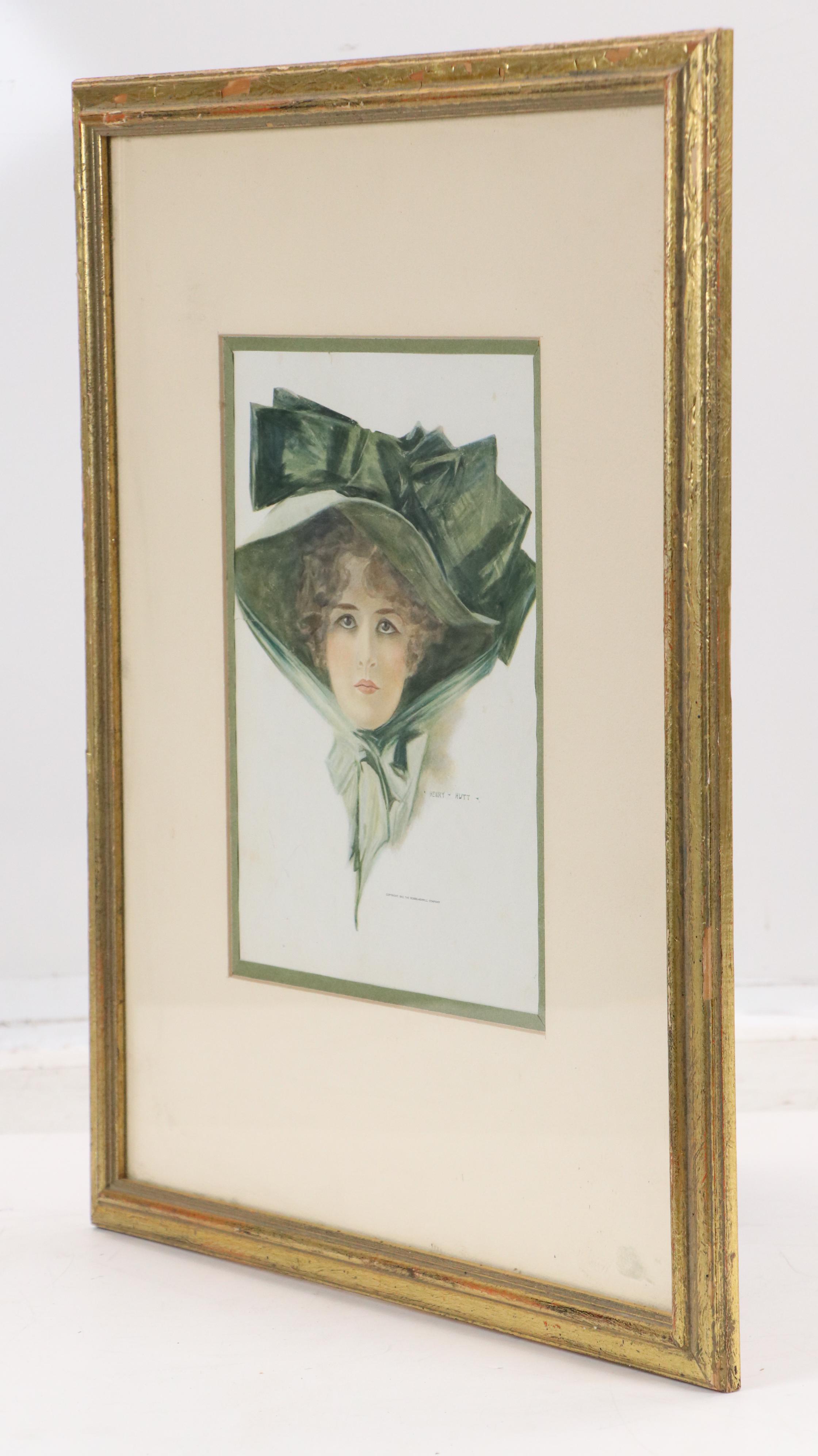 Henry Hutt Offset Lithograph of Woman with Large Green Hat, 1912