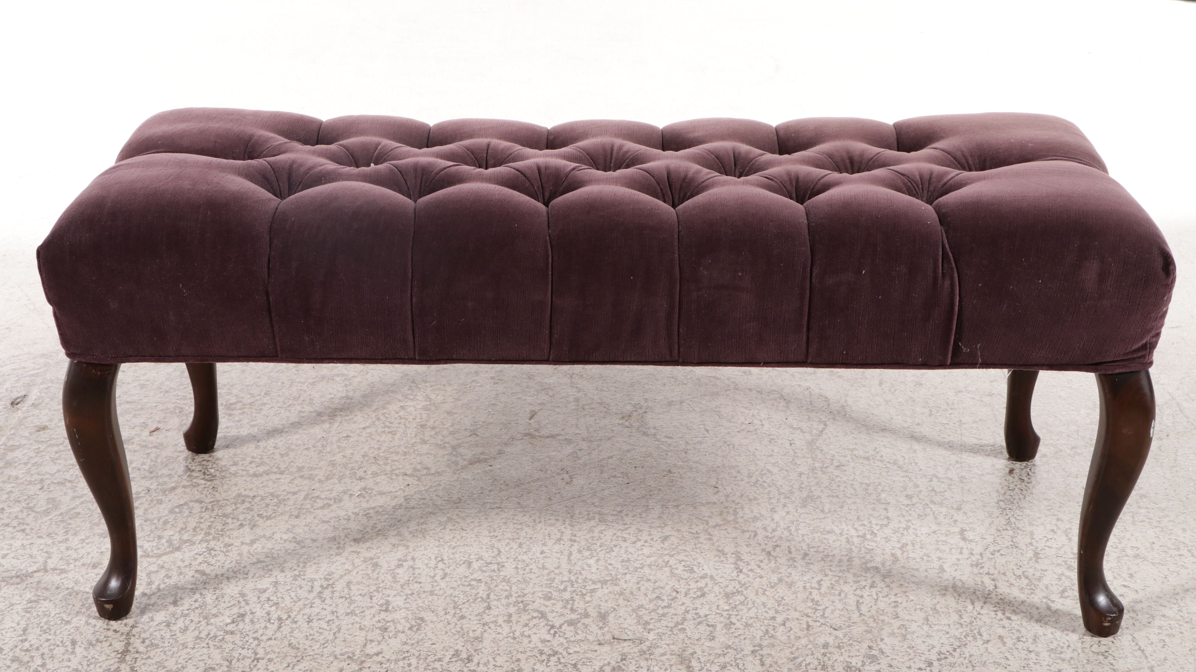 Queen Anne Style Button Tufted Upholstered and Mahogany Bench