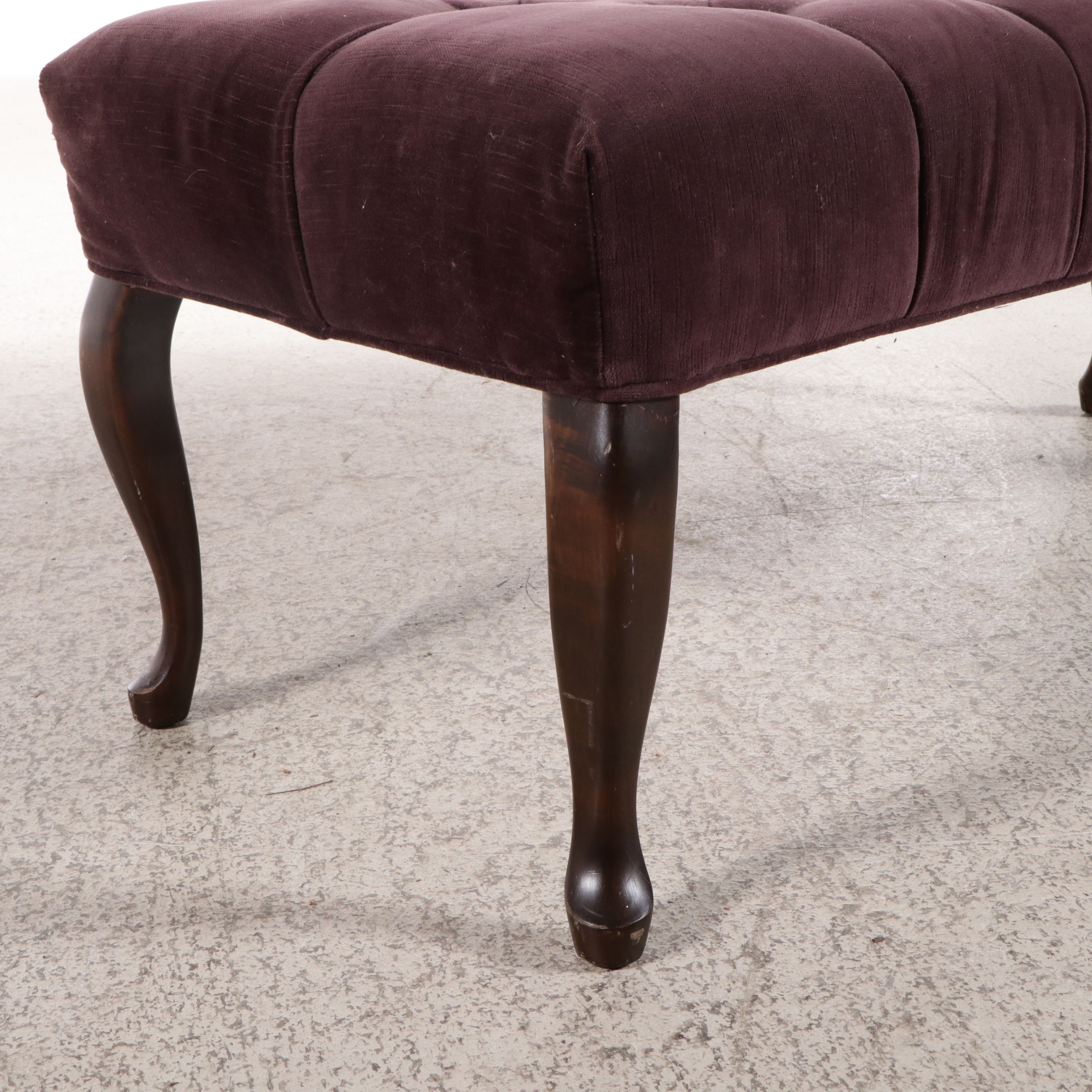 Queen Anne Style Button Tufted Upholstered and Mahogany Bench