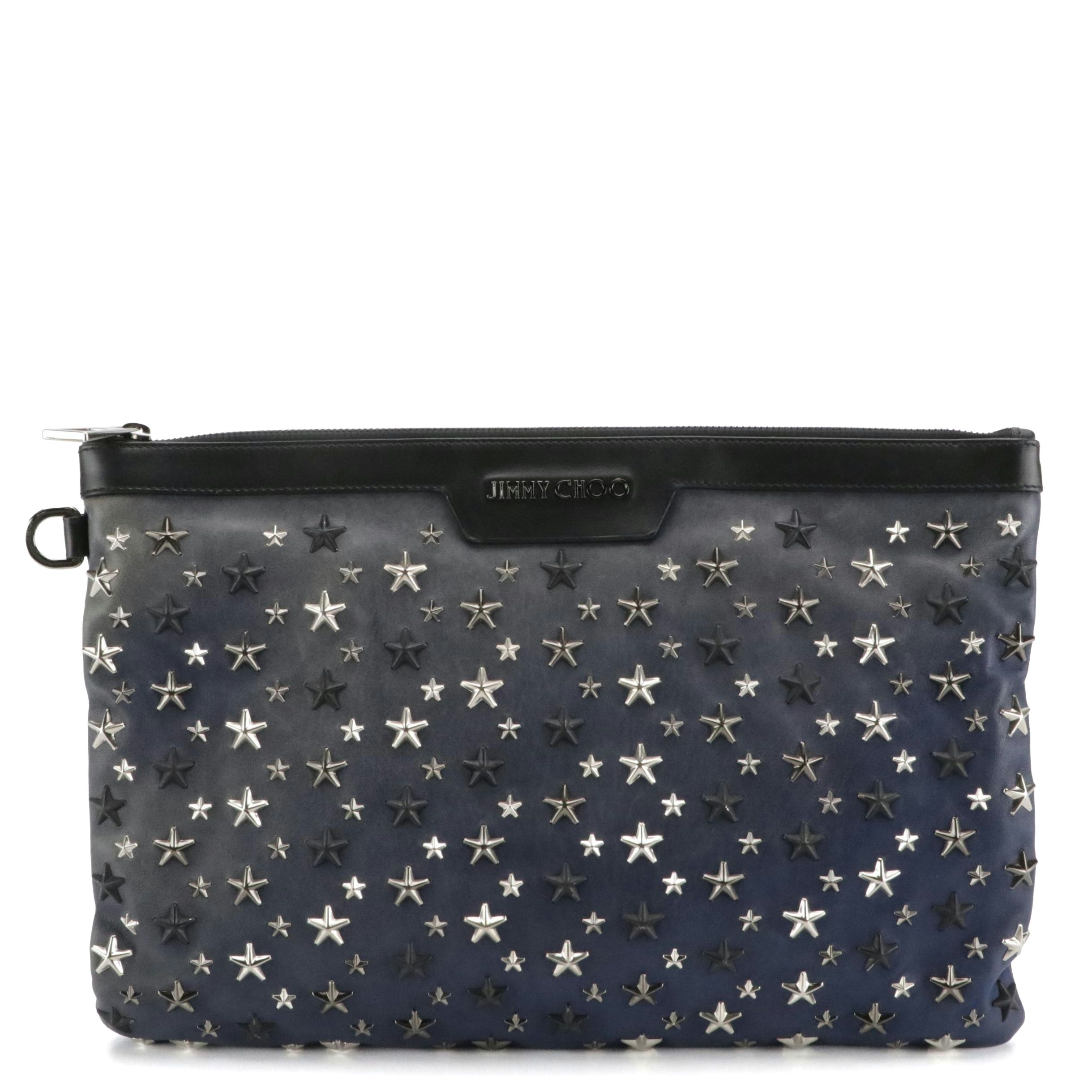 Jimmy Choo Star Studded Zip Pouch in Deep Blue Leather