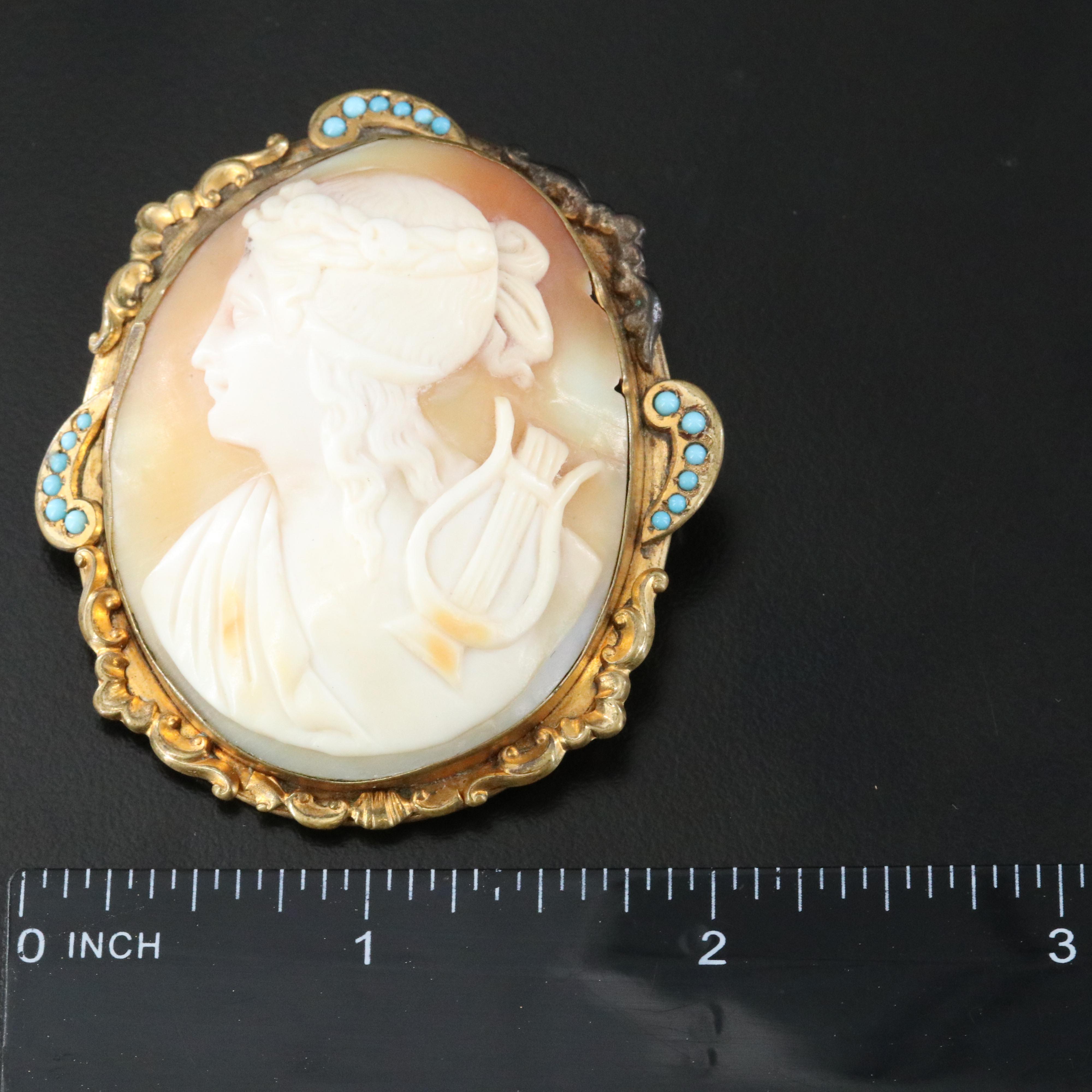 Shell Cameo Converter Brooch with Turquoise Accents