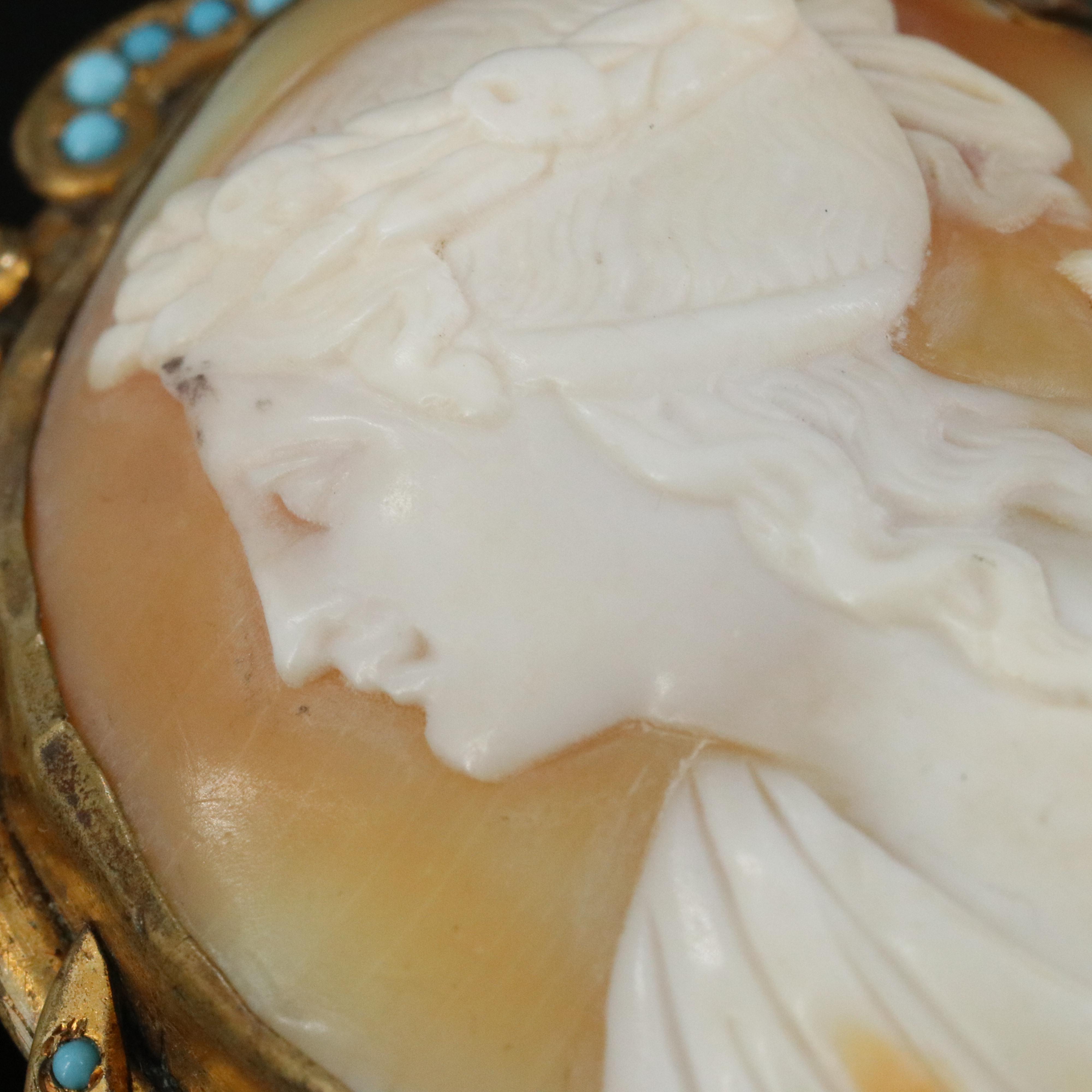 Shell Cameo Converter Brooch with Turquoise Accents
