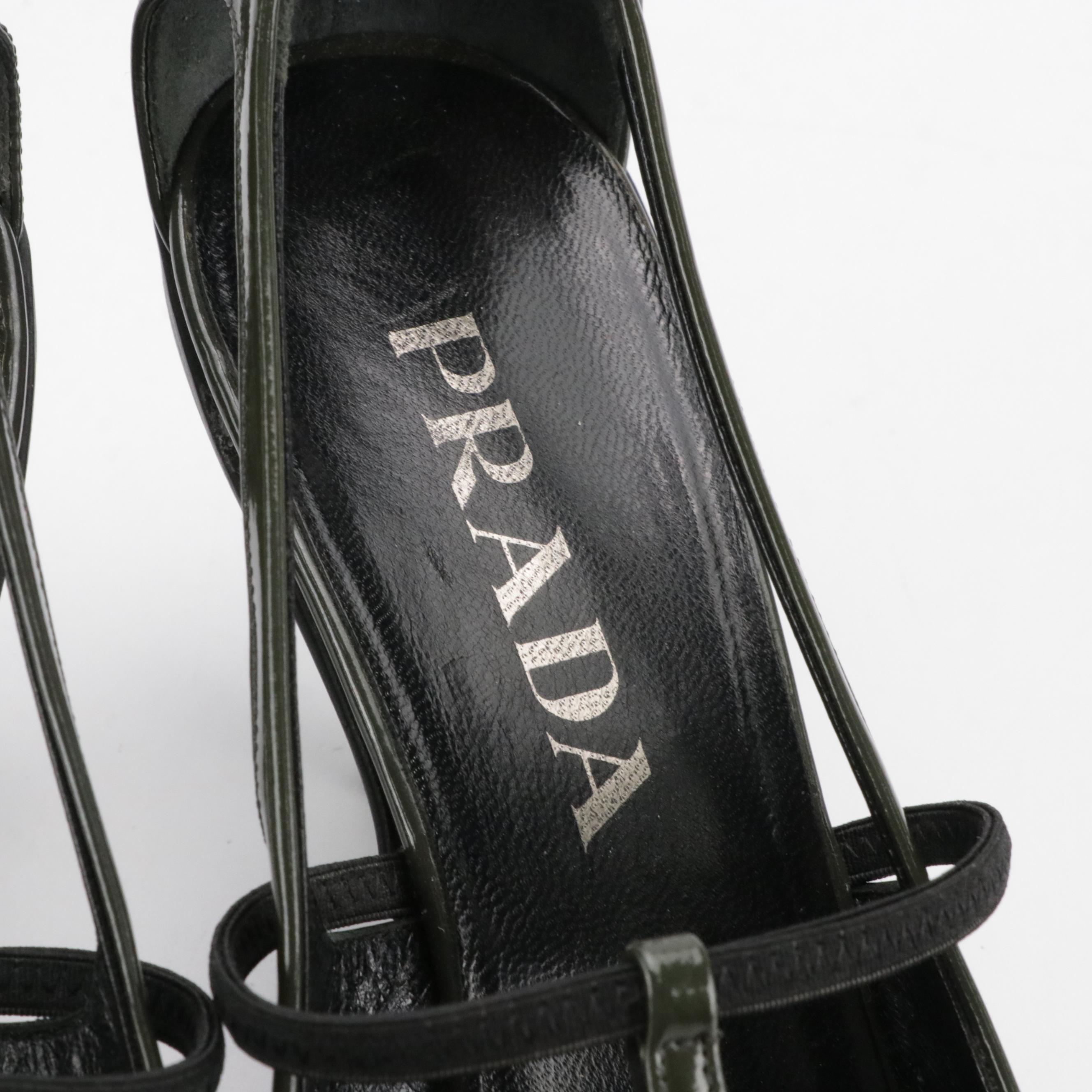 Prada Strappy Pointed-Toe Kitten Heels in Dark Green Patent Leather