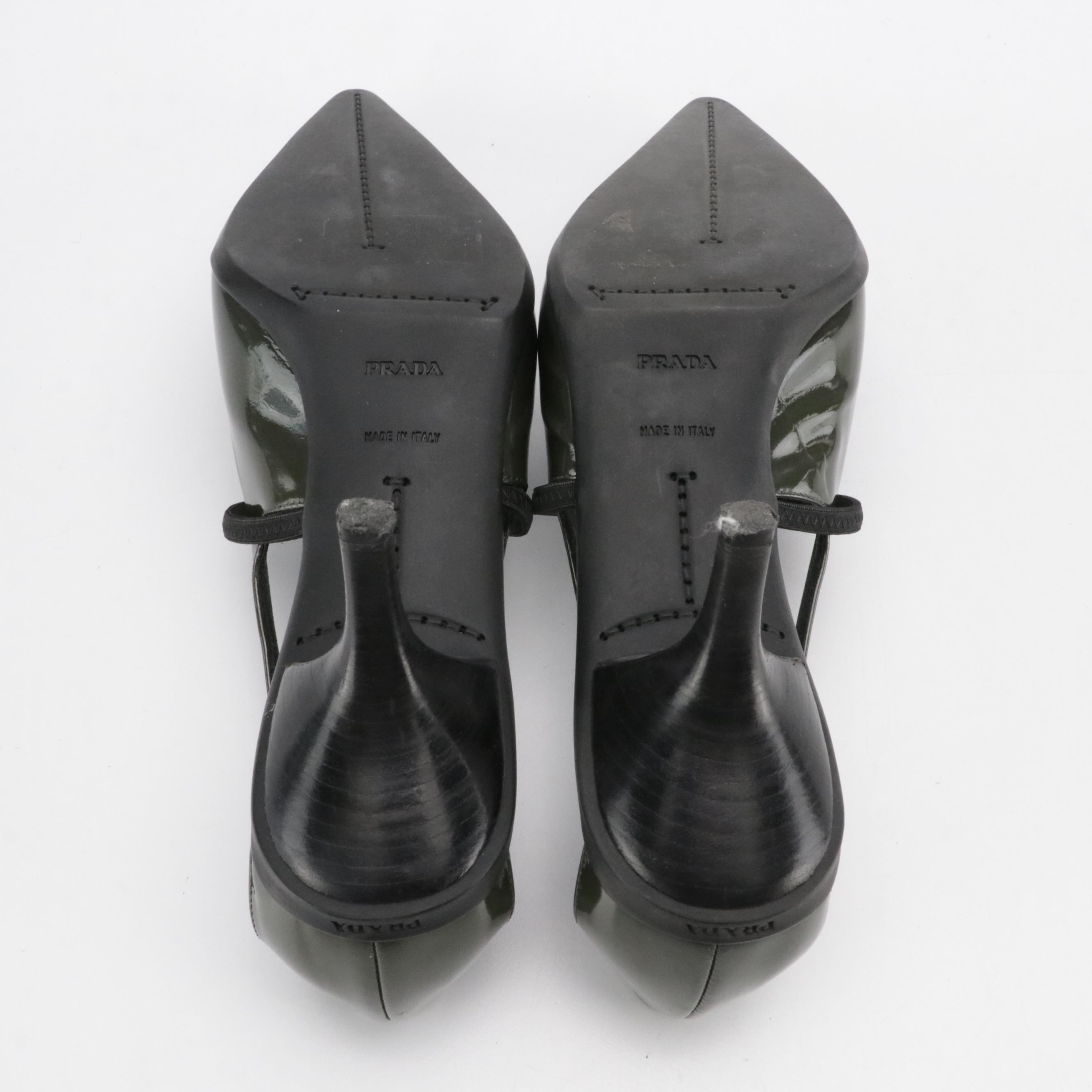 Prada Strappy Pointed-Toe Kitten Heels in Dark Green Patent Leather