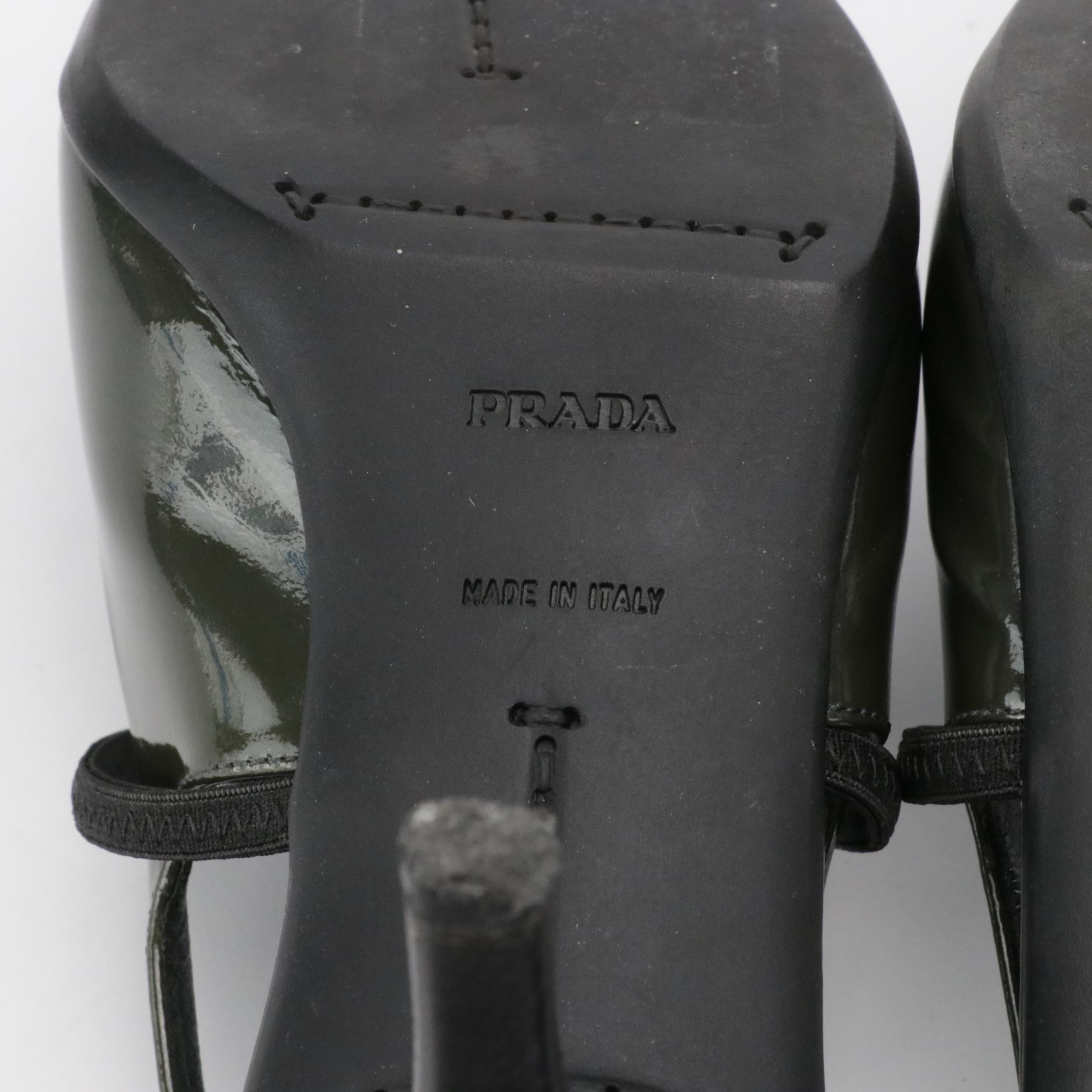 Prada Strappy Pointed-Toe Kitten Heels in Dark Green Patent Leather