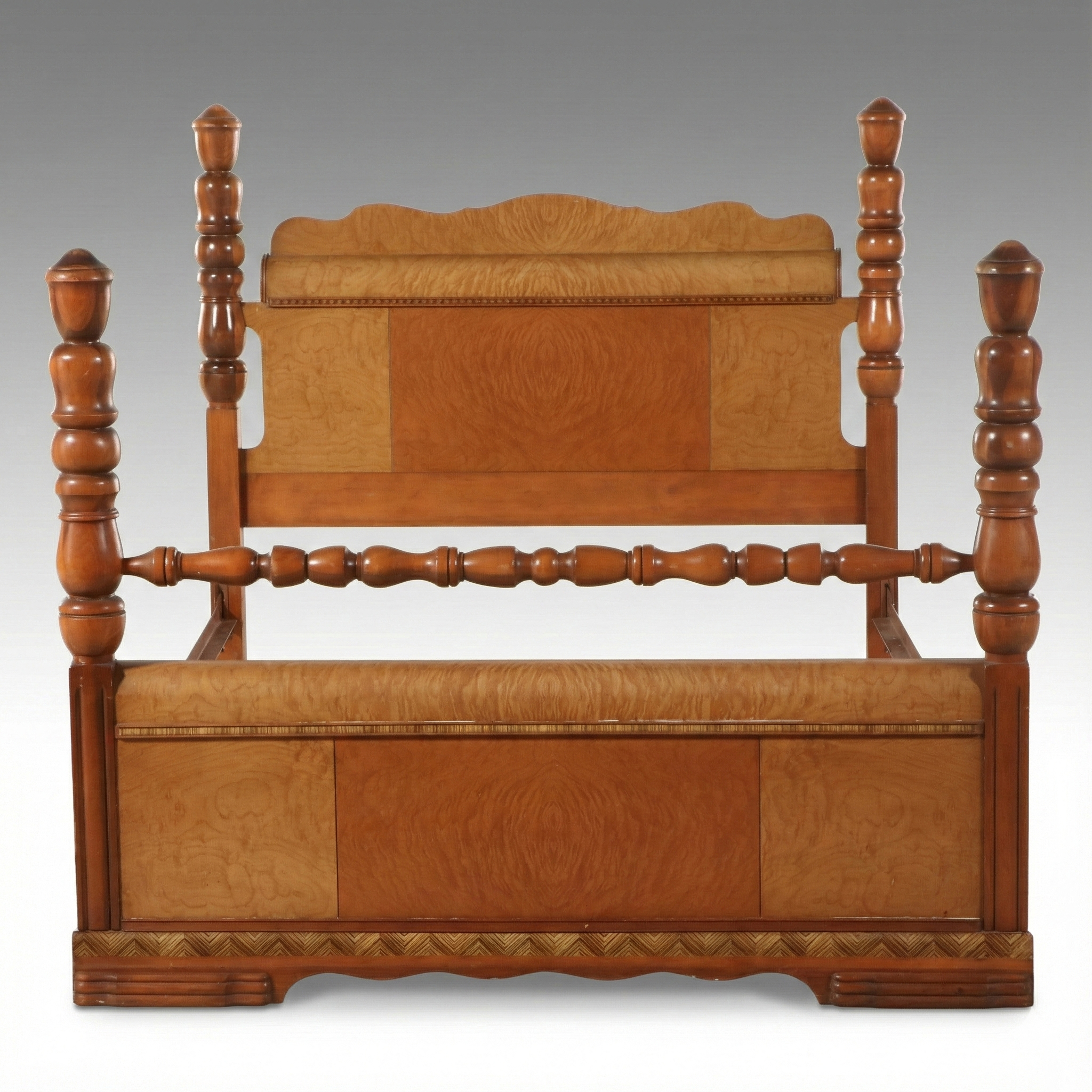 American Art Deco Style Maple and Mixed Wood Four-Poster Bed Frame