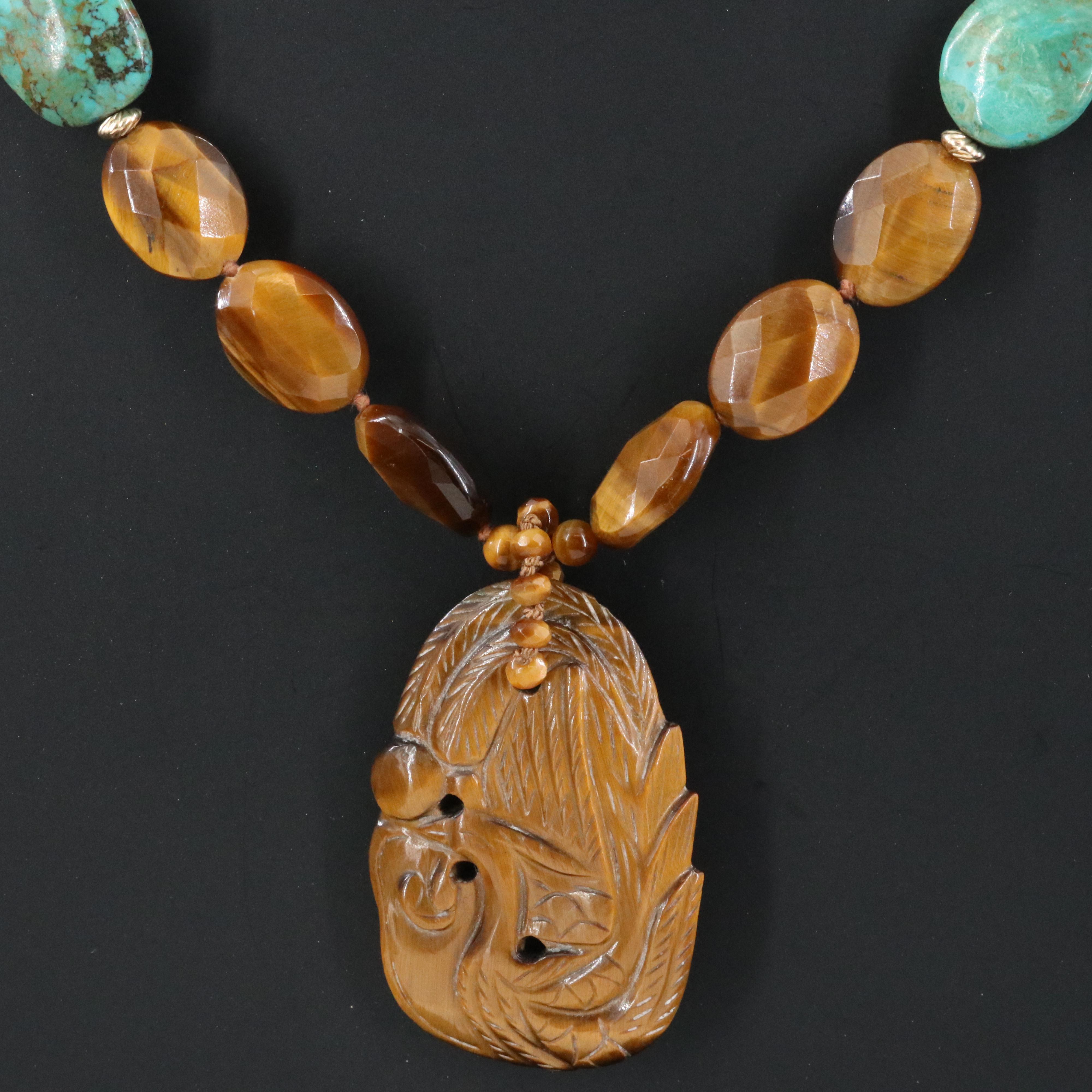 Carved Tiger's Eye Phoenix Necklace with Turquoise and 14K Accent Beads