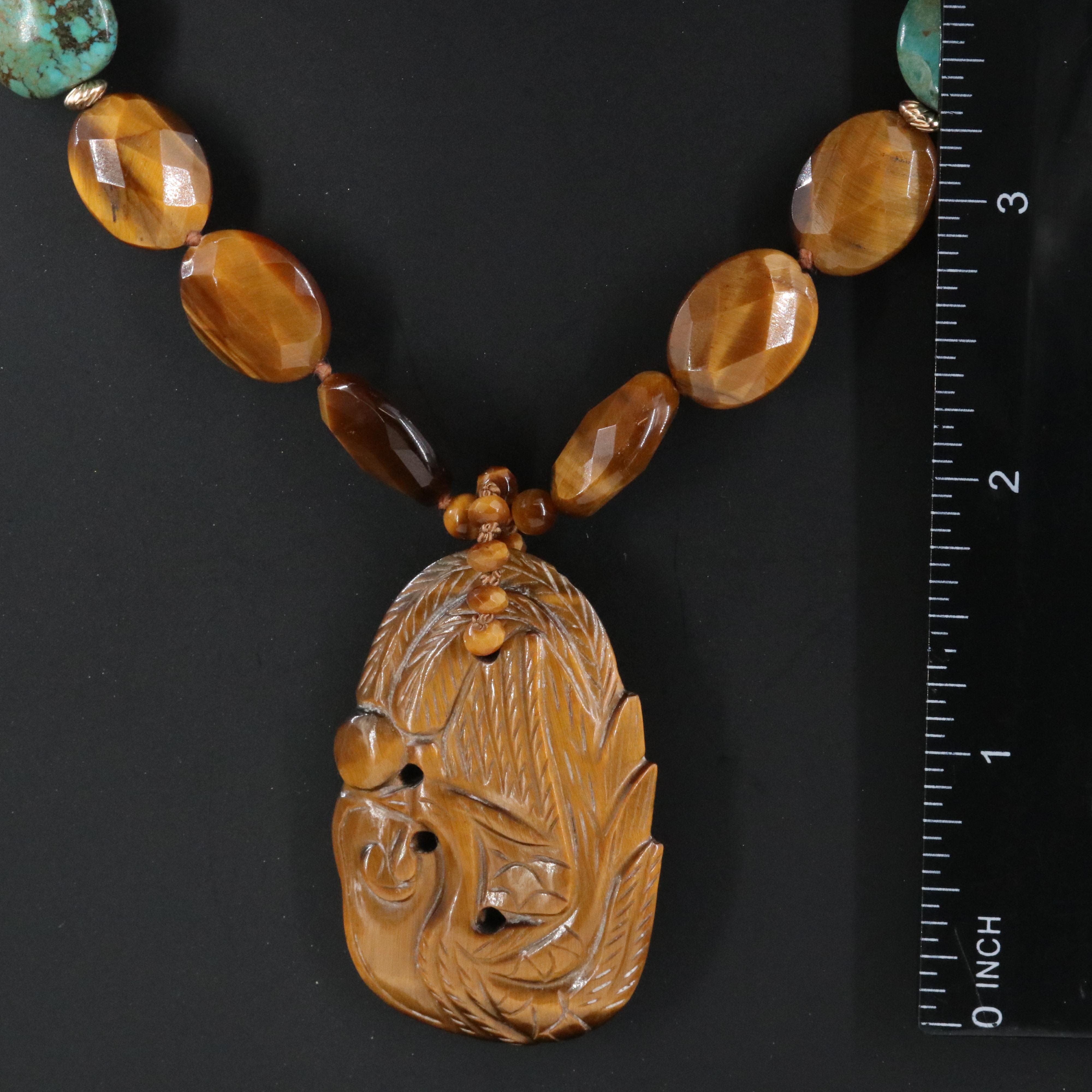 Carved Tiger's Eye Phoenix Necklace with Turquoise and 14K Accent Beads