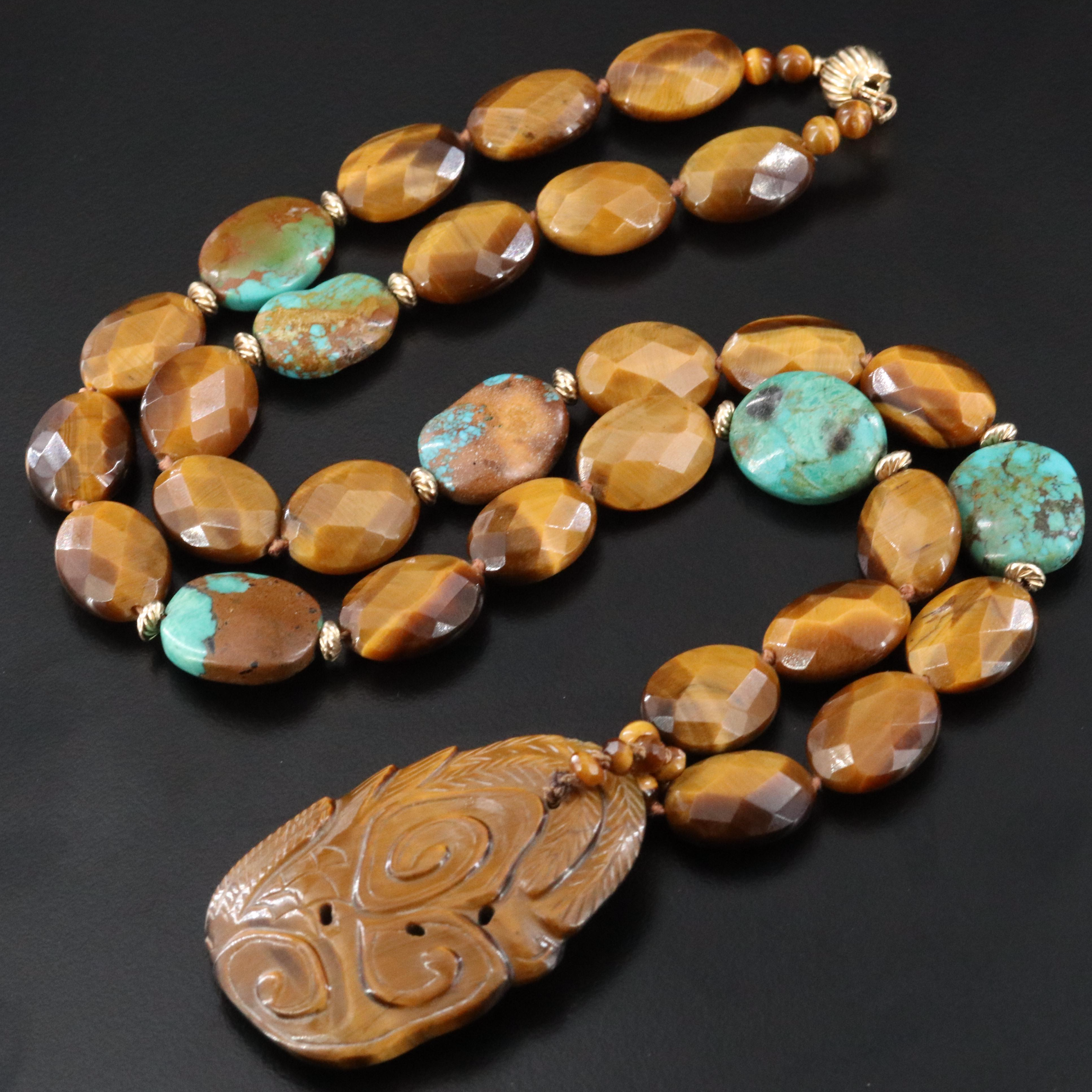 Carved Tiger's Eye Phoenix Necklace with Turquoise and 14K Accent Beads