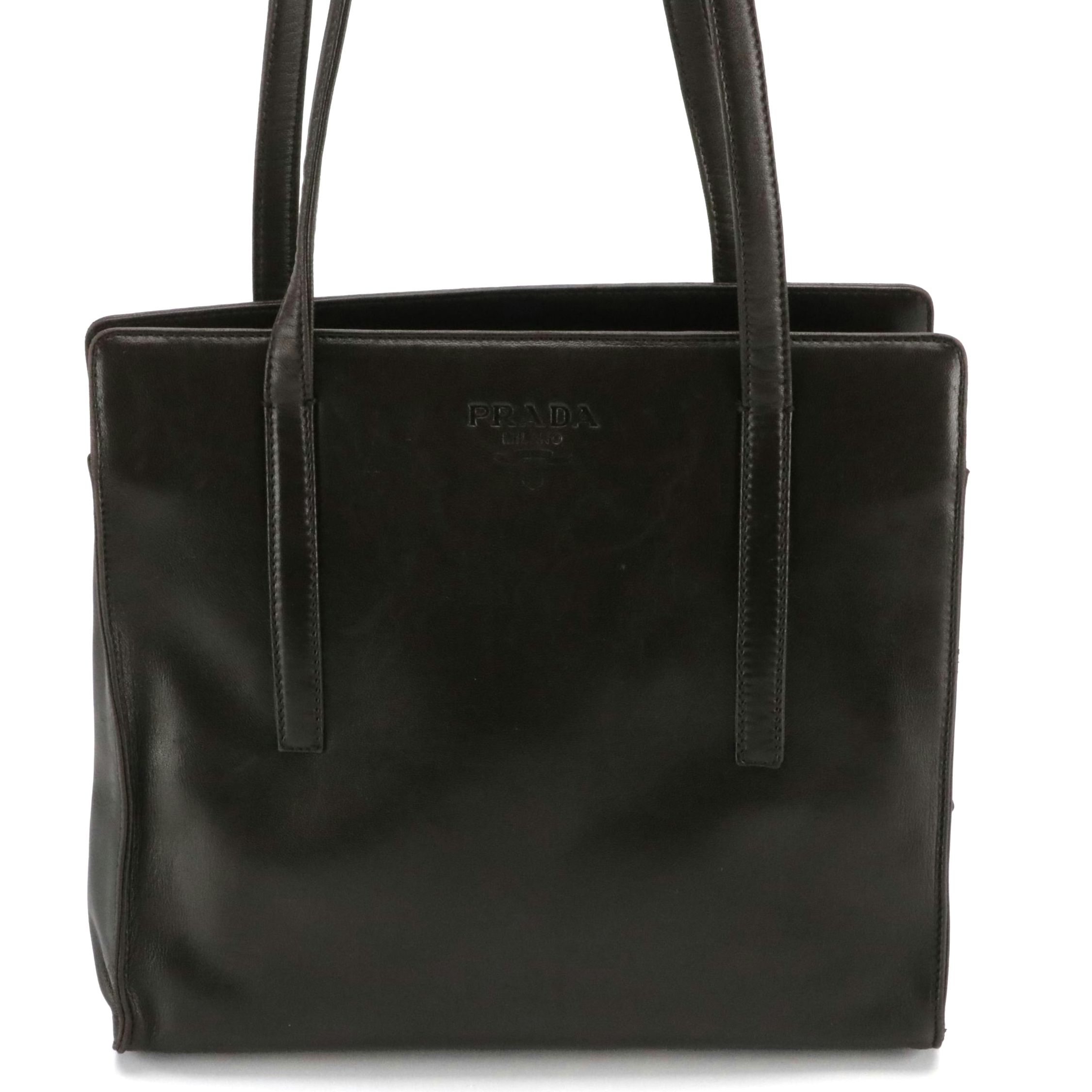 Prada Middle Zip Tote in Dark Brown Lambskin Leather