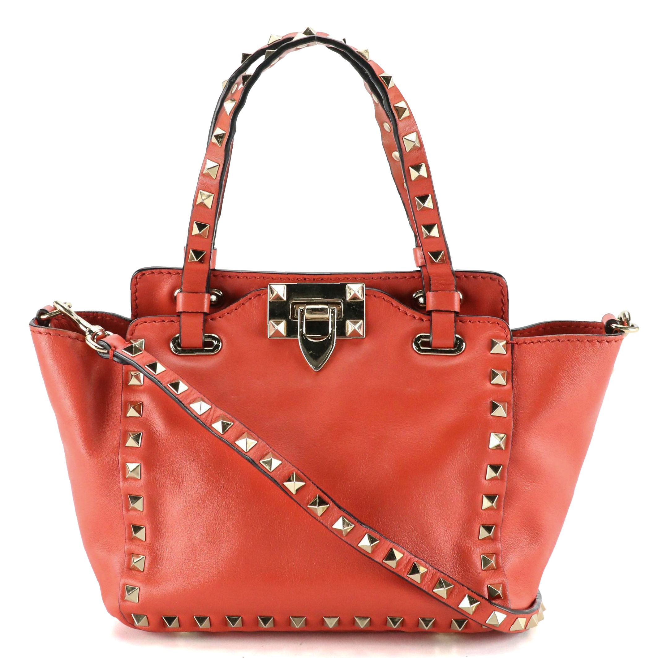 Valentino Garavani Mini Rockstud Two-Way Tote in Coral Calfskin Leather