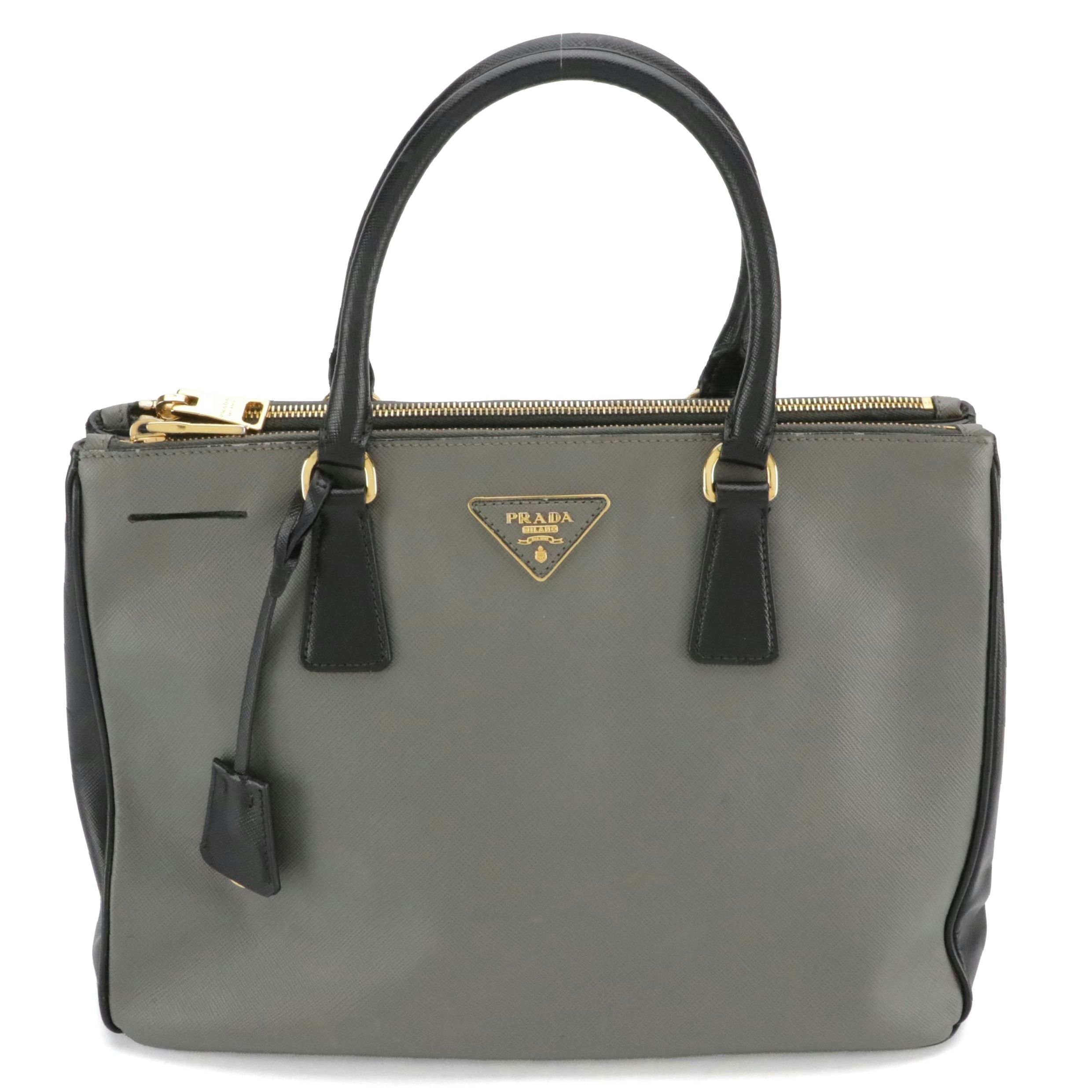 Prada Double Zip Galleria Tote Bag in Gray and Black Saffiano Lux Leather