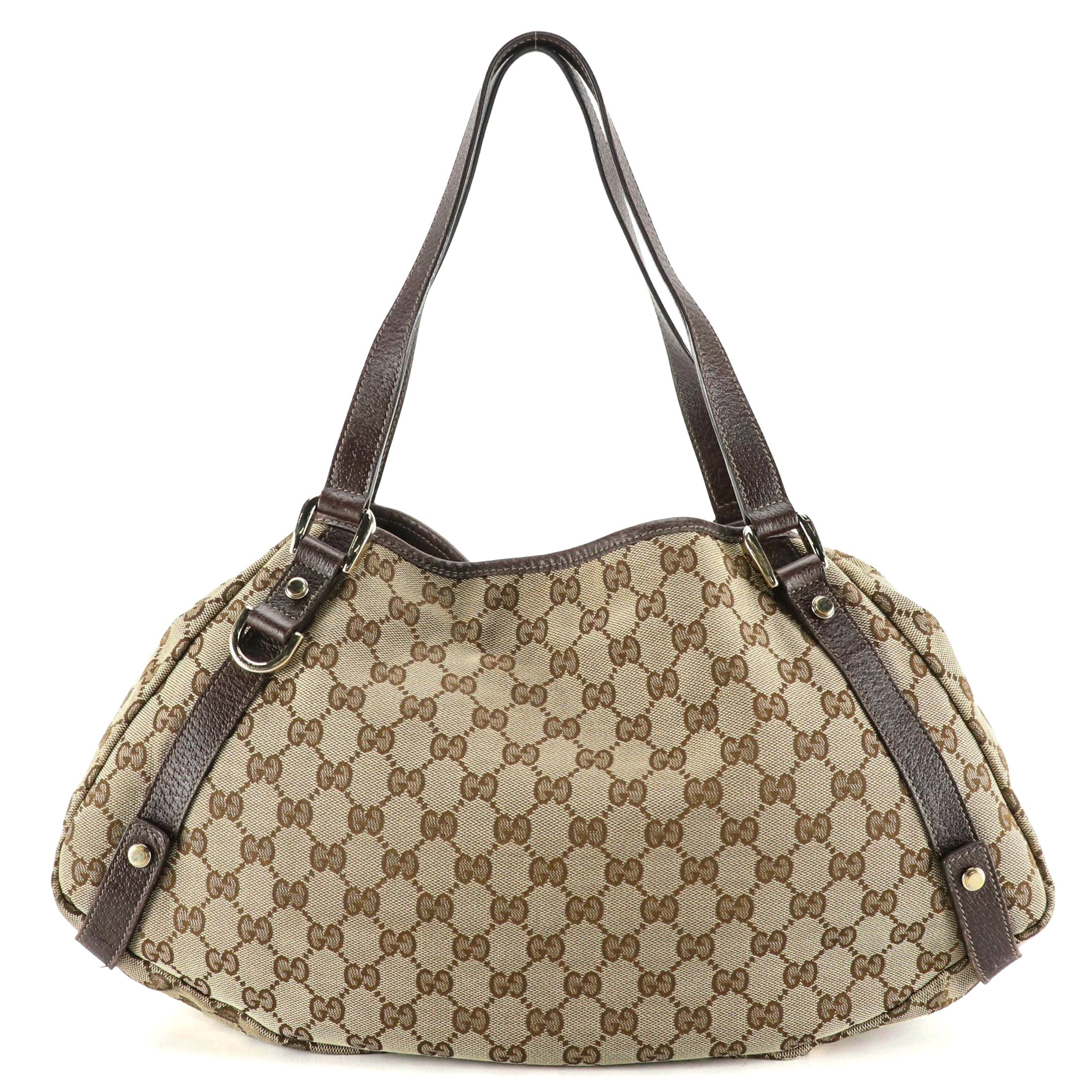 Gucci Abbey D-Ring Shoulder Bag in GG Canvas and Dark Brown Cinghiale Leather