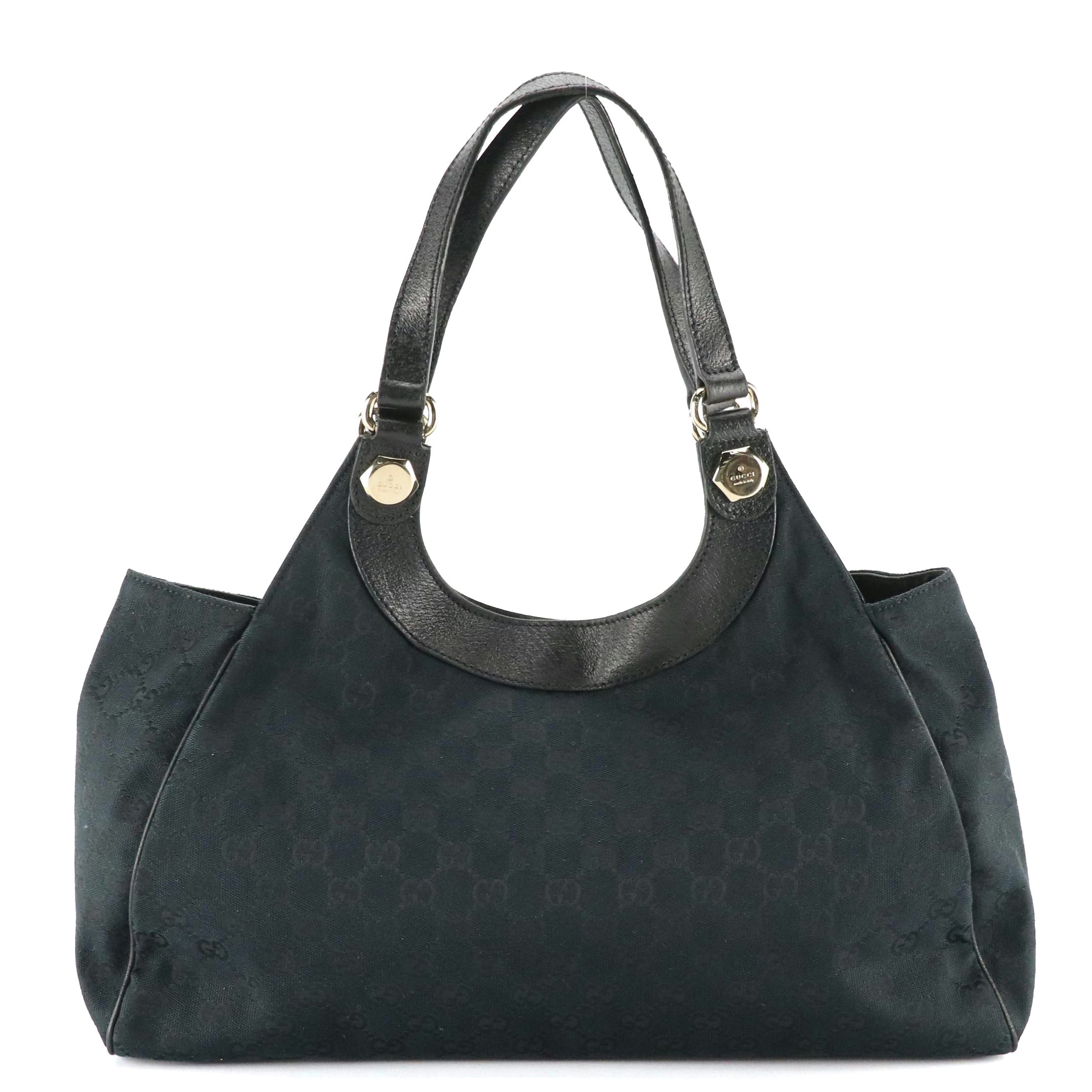 Gucci Charmy Hobo Shoulder Bag in Black GG Canvas and Cinghiale Leather Trim