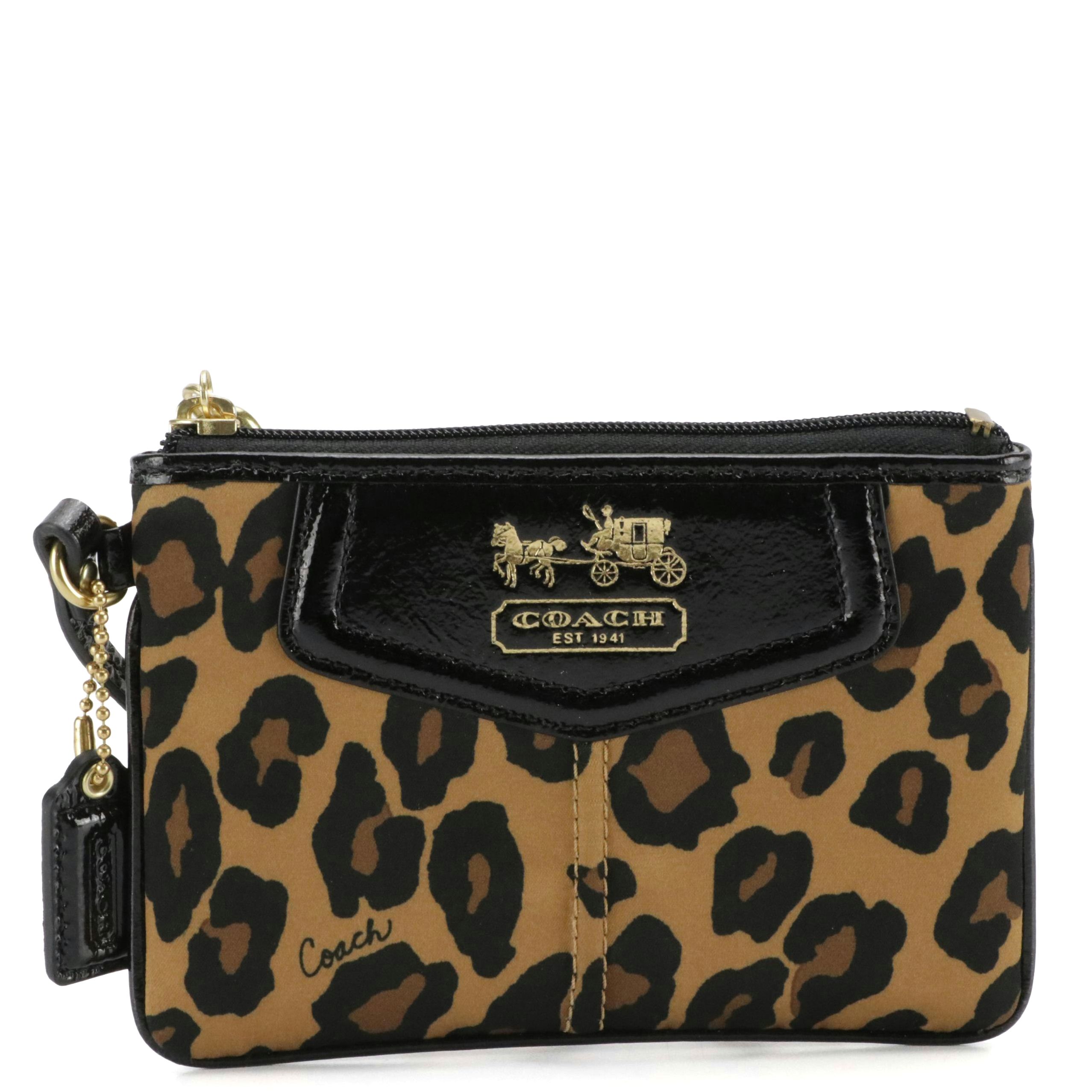 Coach Leopard Print Satin Zip Wristlet with Patent Leather Trim in Box