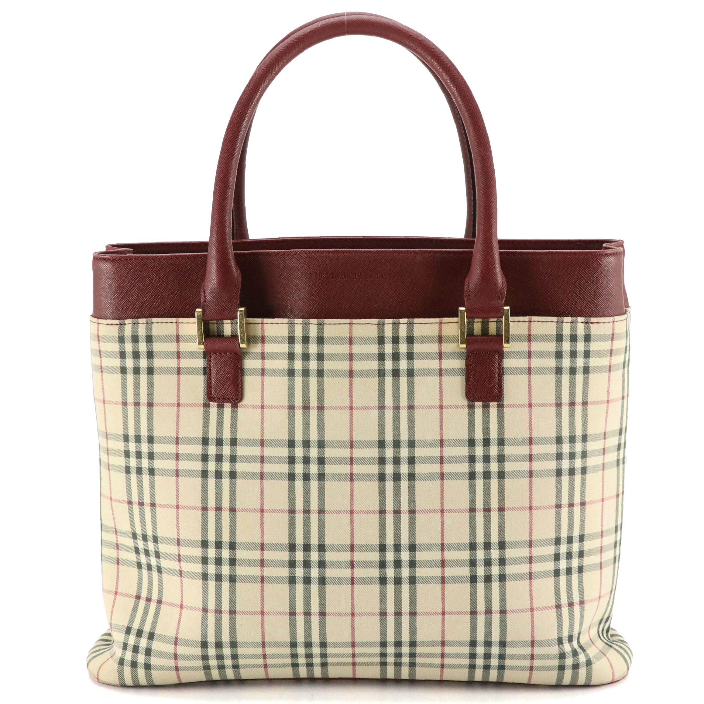 Burberry Nova Check Canvas and Oxblood Red Saffiano Leather Tote
