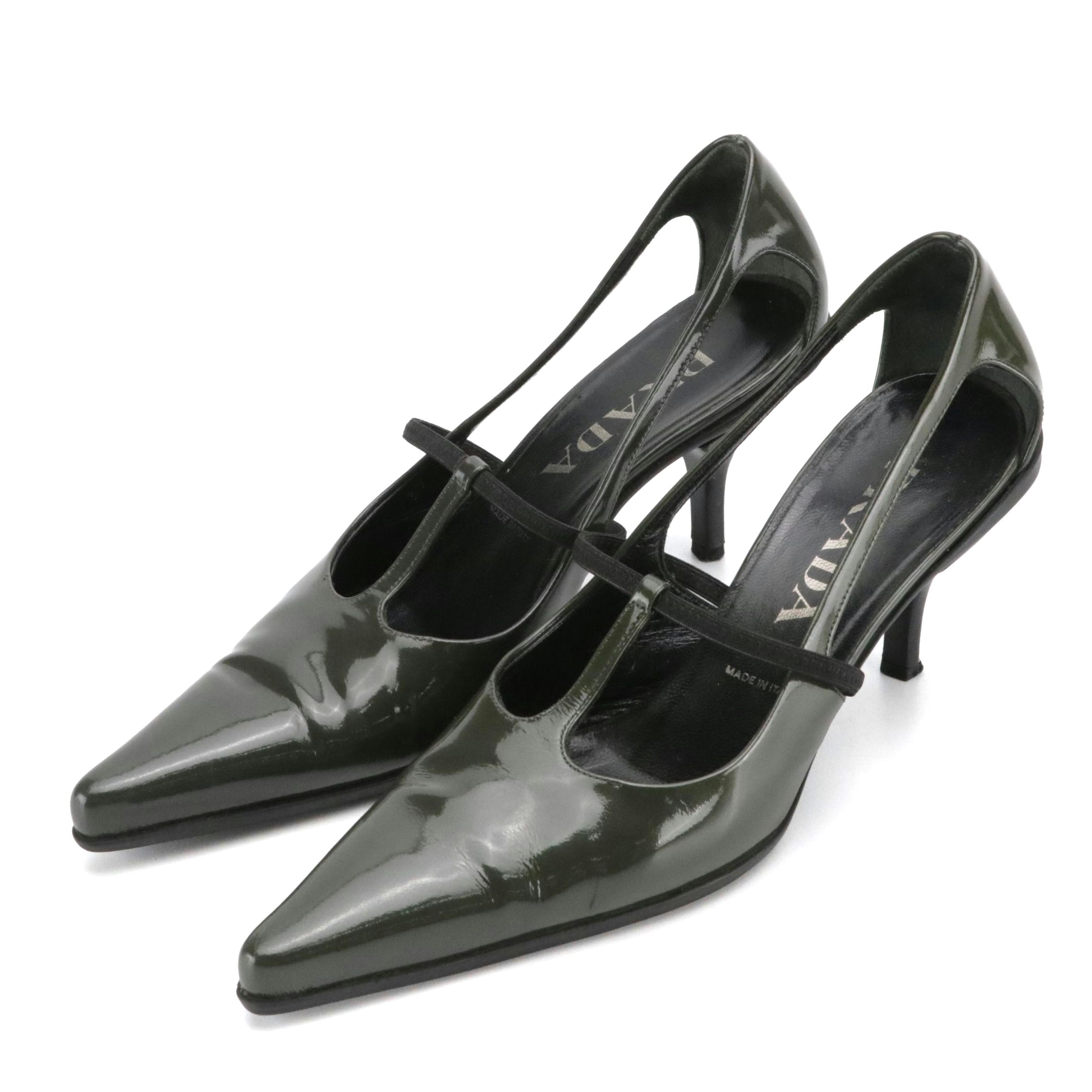 Prada Strappy Pointed-Toe Kitten Heels in Dark Green Patent Leather