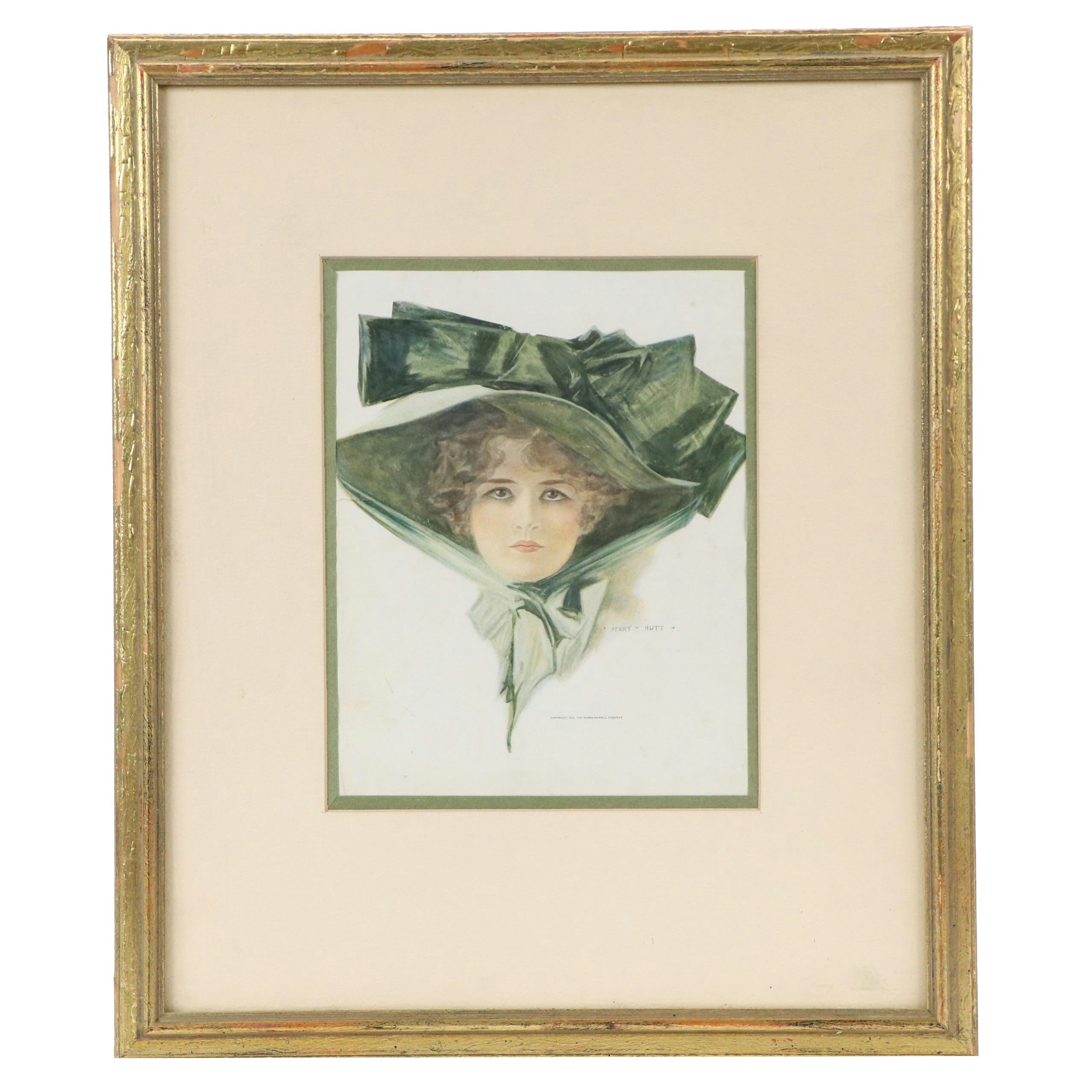 Henry Hutt Offset Lithograph of Woman with Large Green Hat, 1912