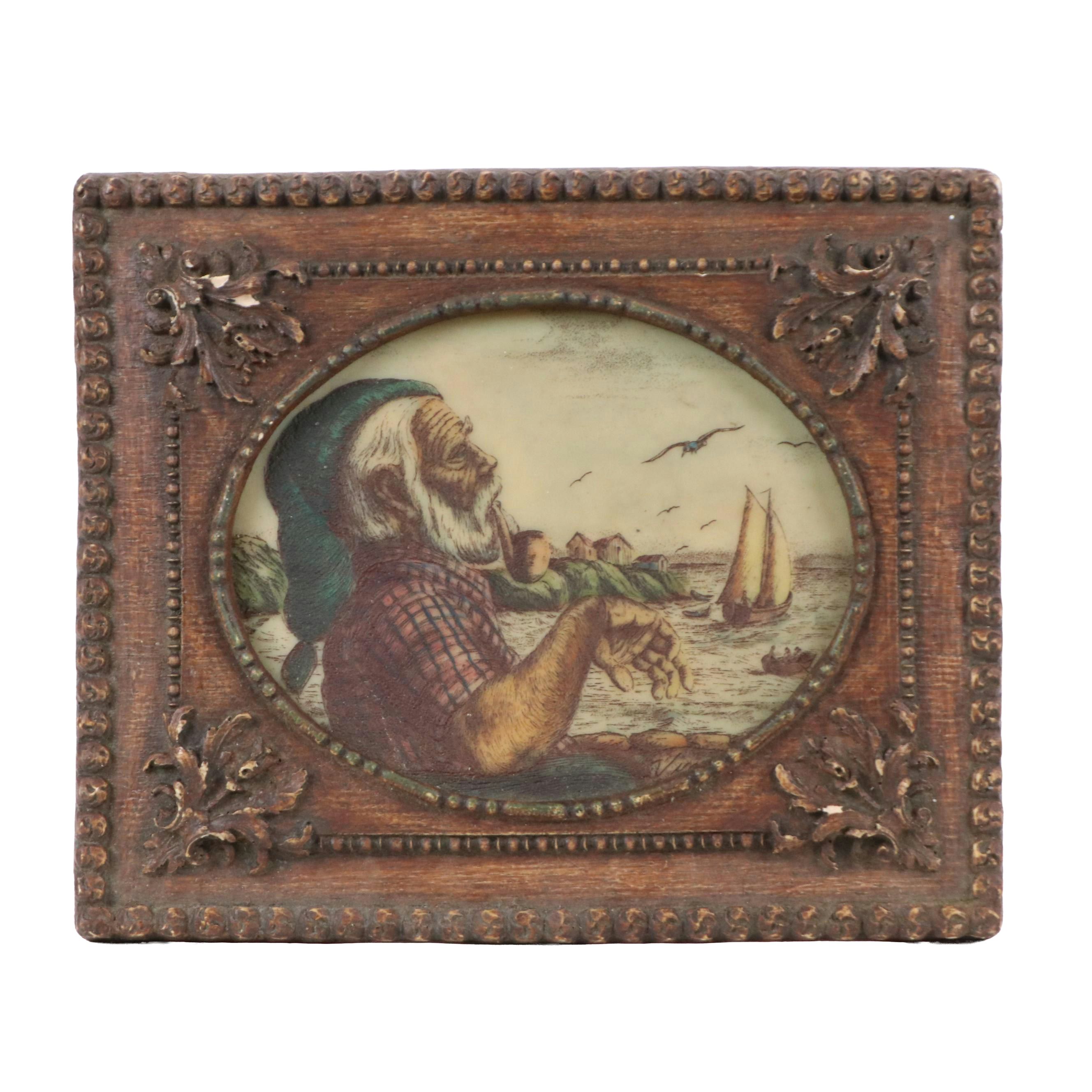 Martini Resin Etching of Old Man with Pipe, Mid to Late 20th Century