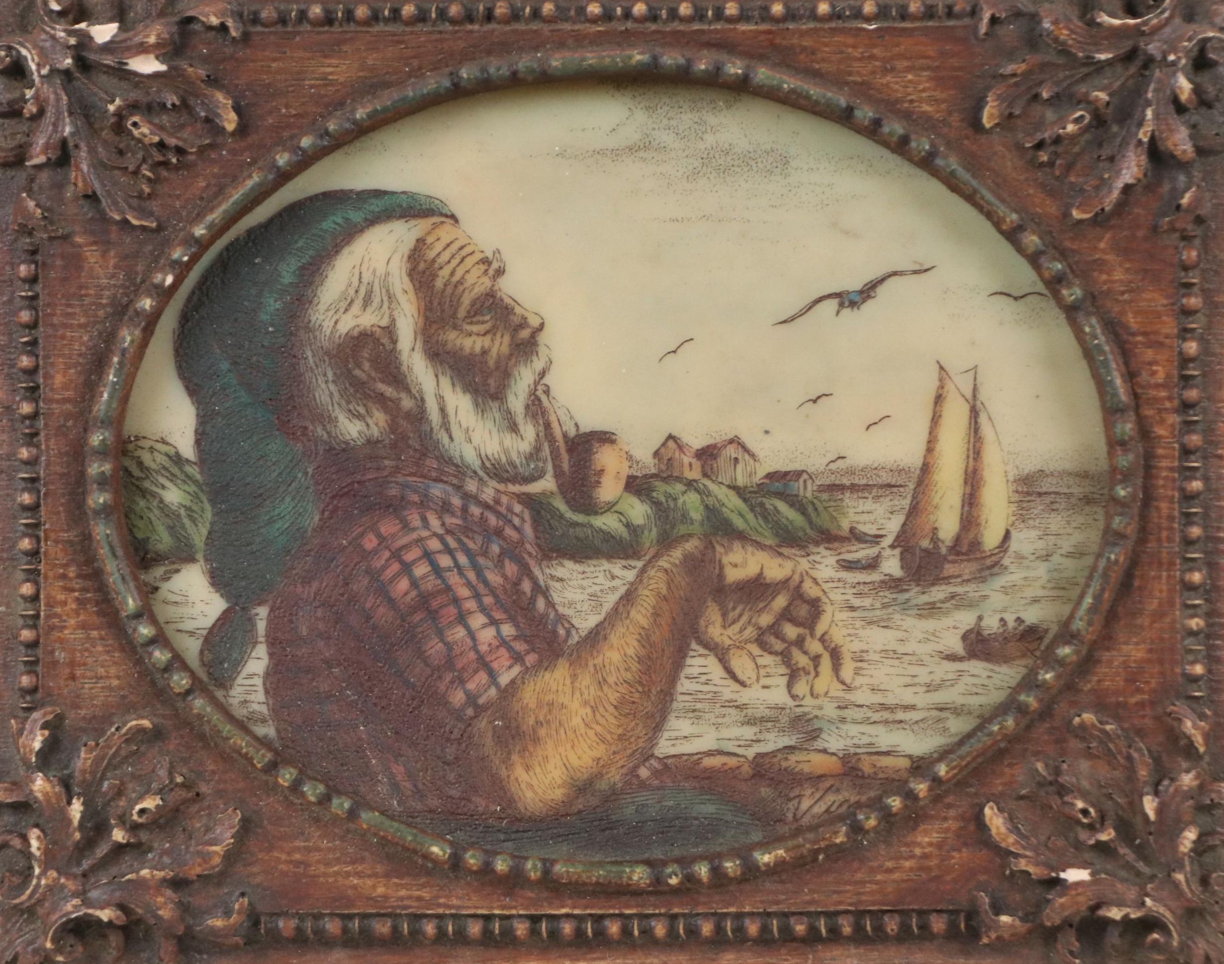 Martini Resin Etching of Old Man with Pipe, Mid to Late 20th Century