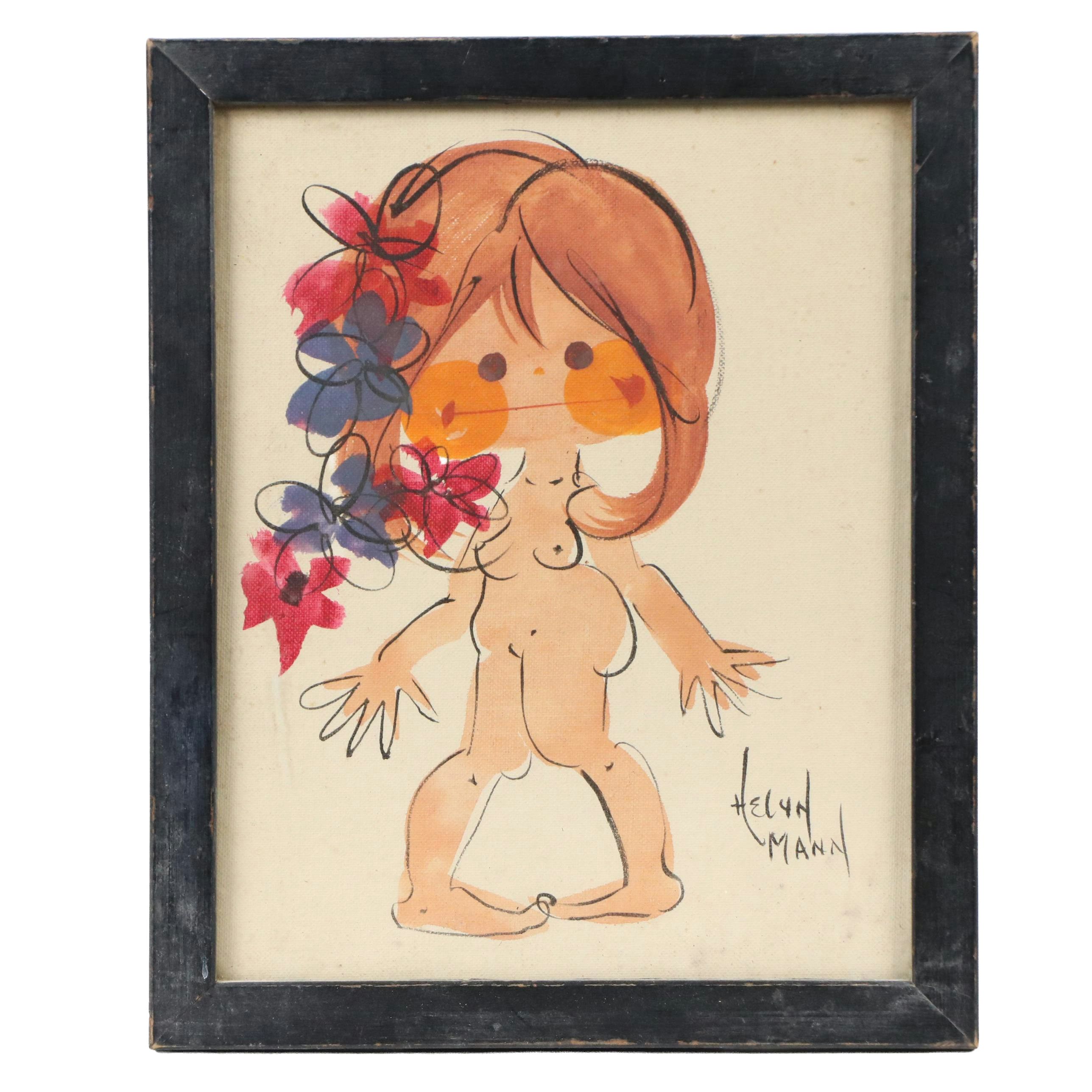 Helyn Mann Watercolor Painting of Stylized Figure with Flowers, 20th Century