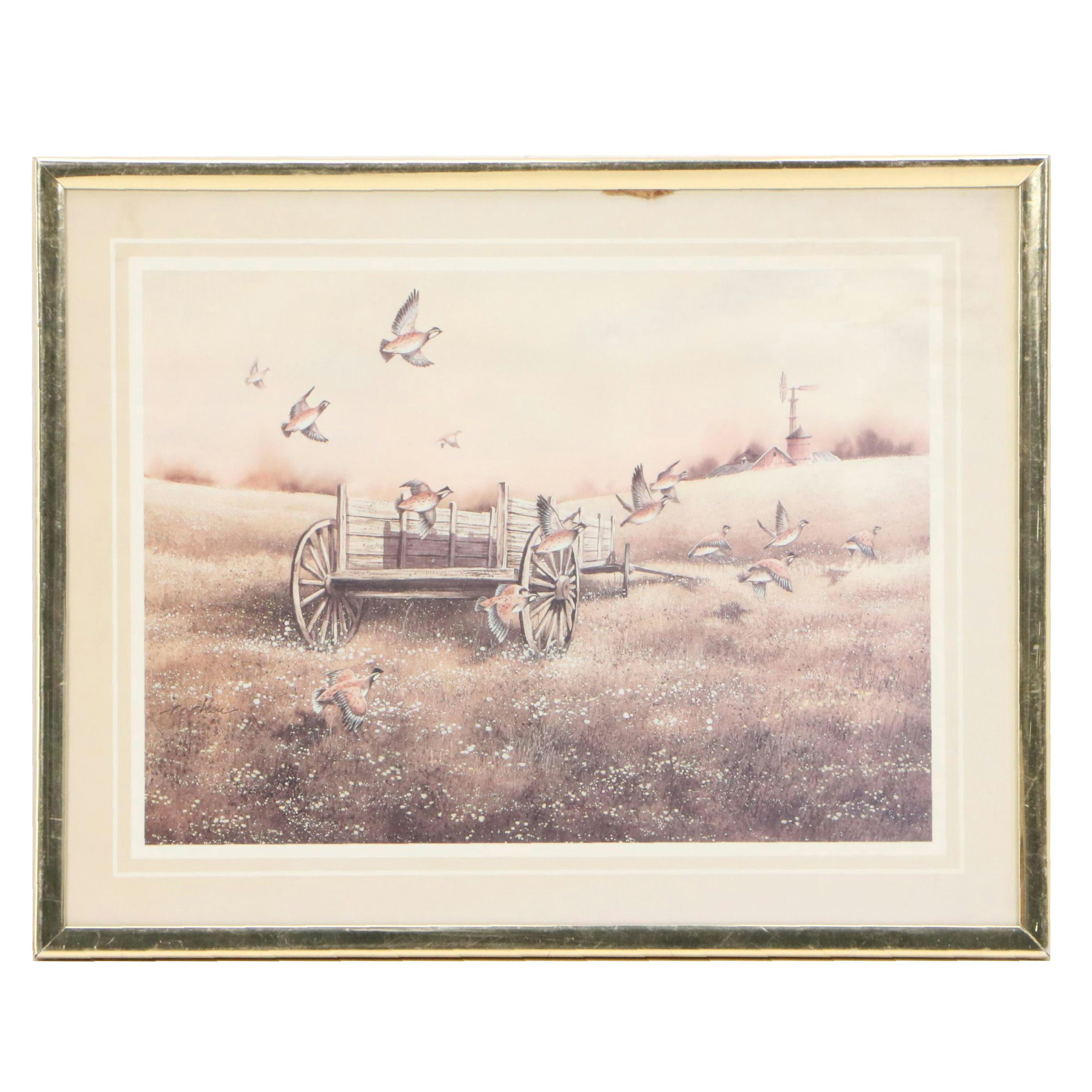 Offset Lithograph of Old Wagon and Quails, Late 20th Century
