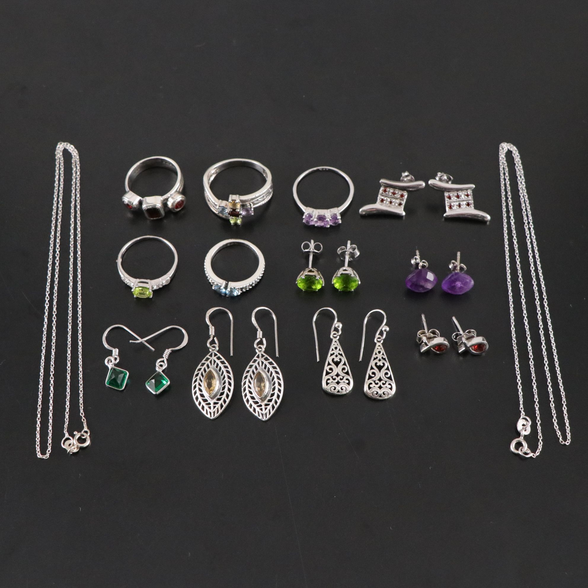 14 Assorted Sterling Silver Rings, Necklaces and Earrings