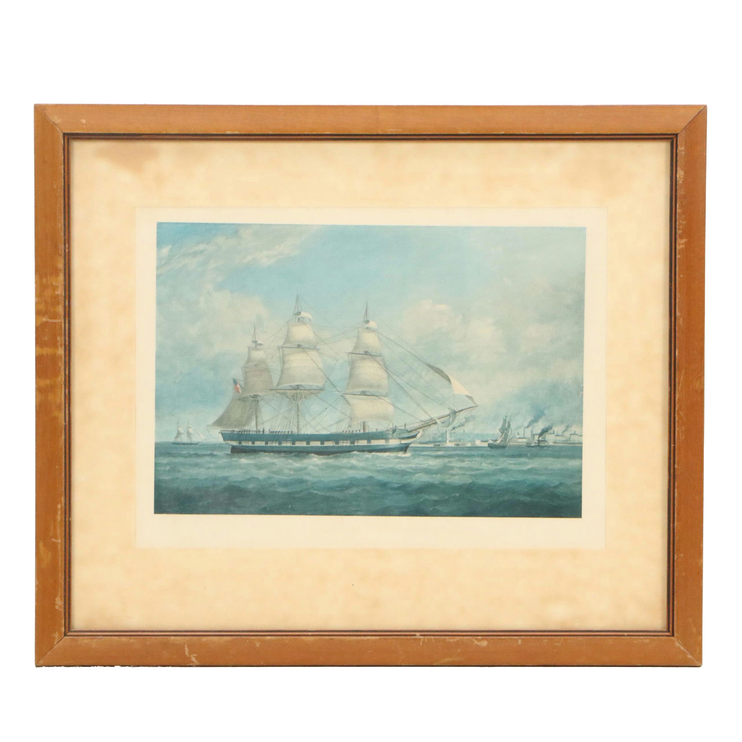 Rotogravure of Large Sailing Ship, Early 20th Century
