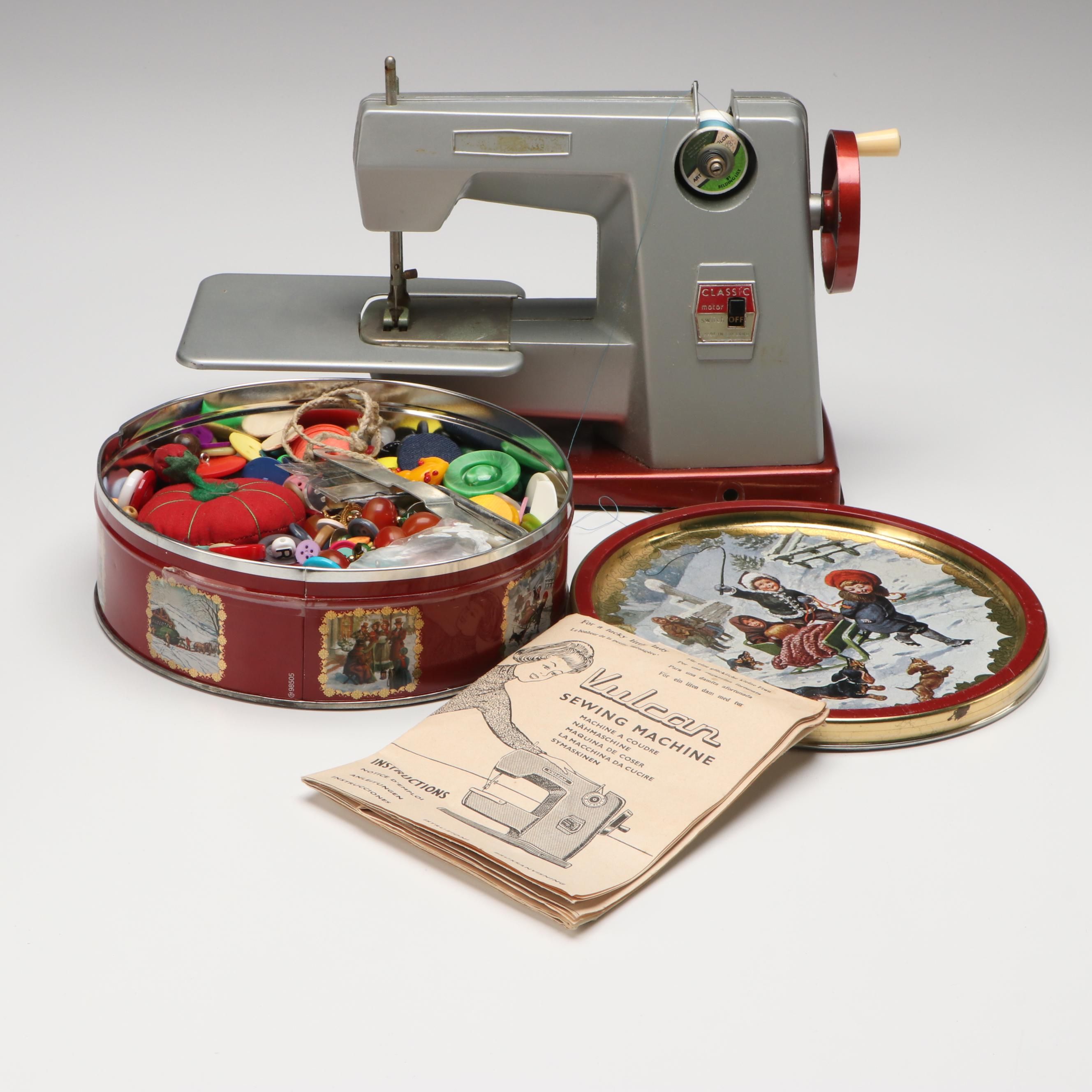 Vulcan Battery Powered Sewing Machine with Tin of Buttons and Pincushion