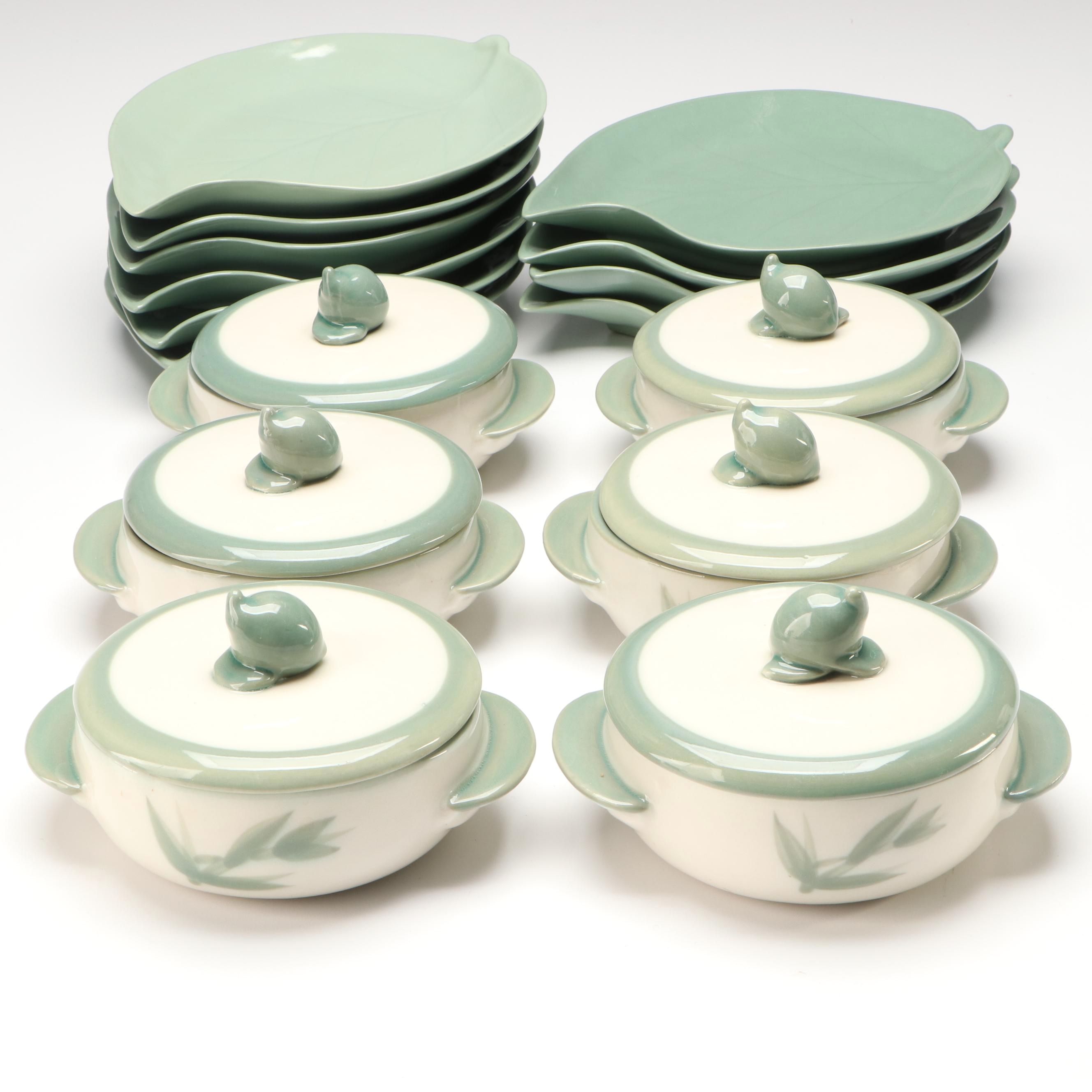 Gabriel Pasadena Celadon Soup Tureens with Japanese Leaf Dishes