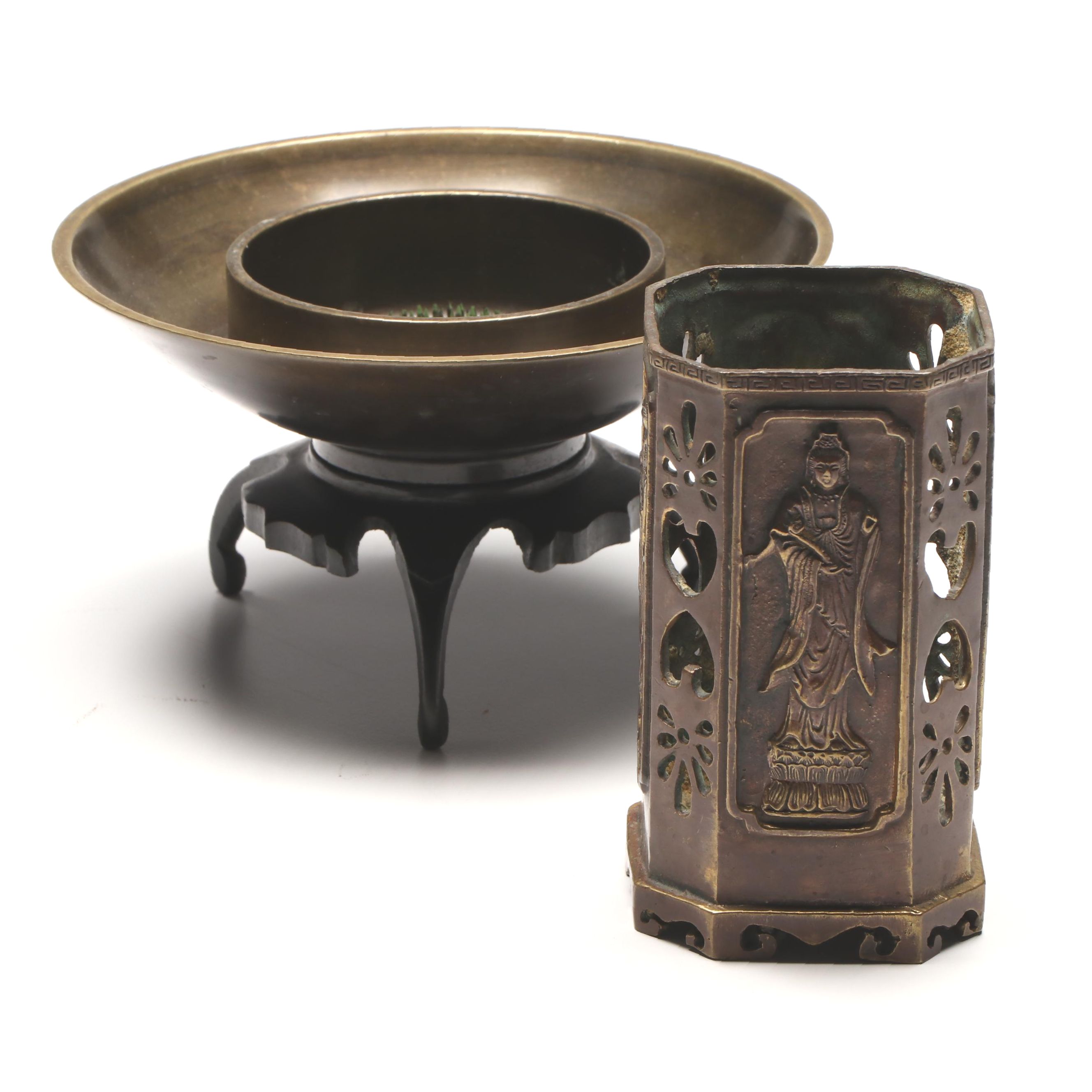 Bronzed Chinese Calligraphy Brush Holder and Bowl with Flower Frog