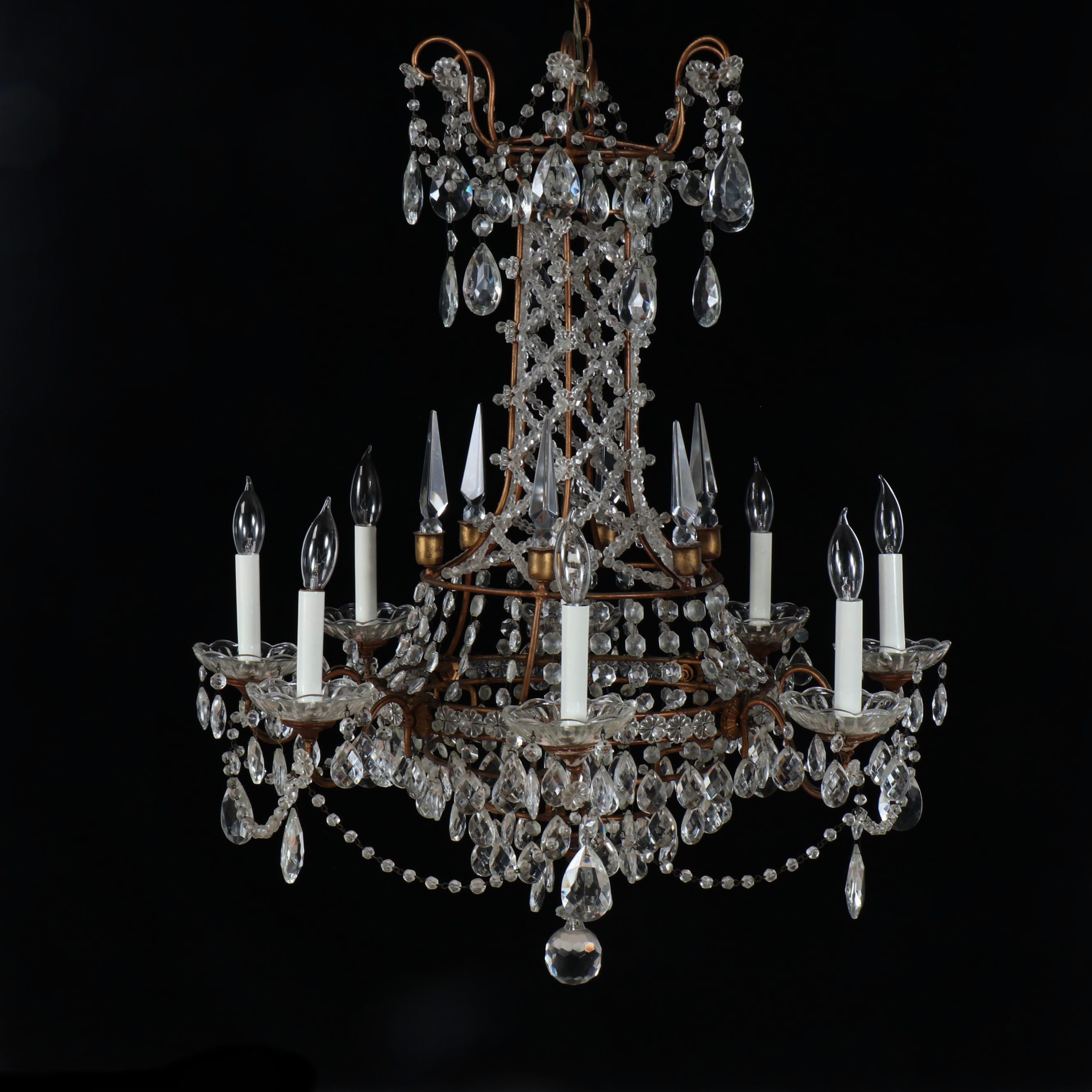 Italian Rococo Style Brass and Crystal Eight-Arm Chandelier