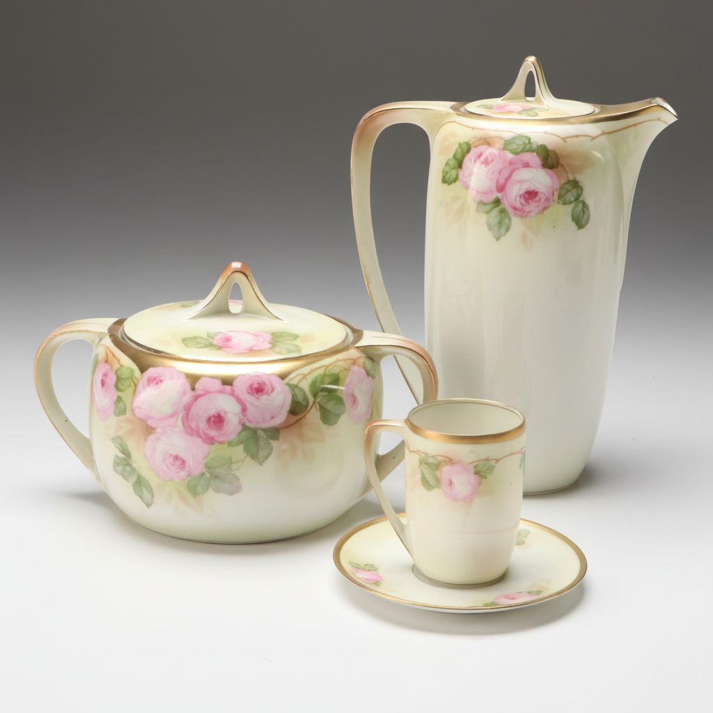 Tillowitz Hand-Painted Pitcher, Sugar Bowl, Cup and Saucer, Early to Mid 20th C.