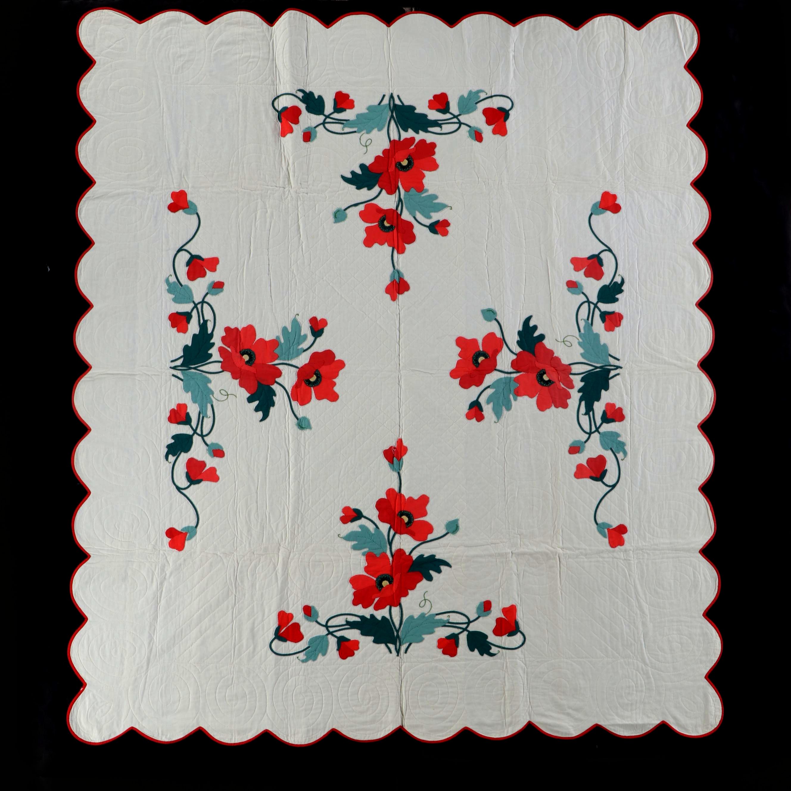 Scallop Edge Red Poppies Appliqué Quilt