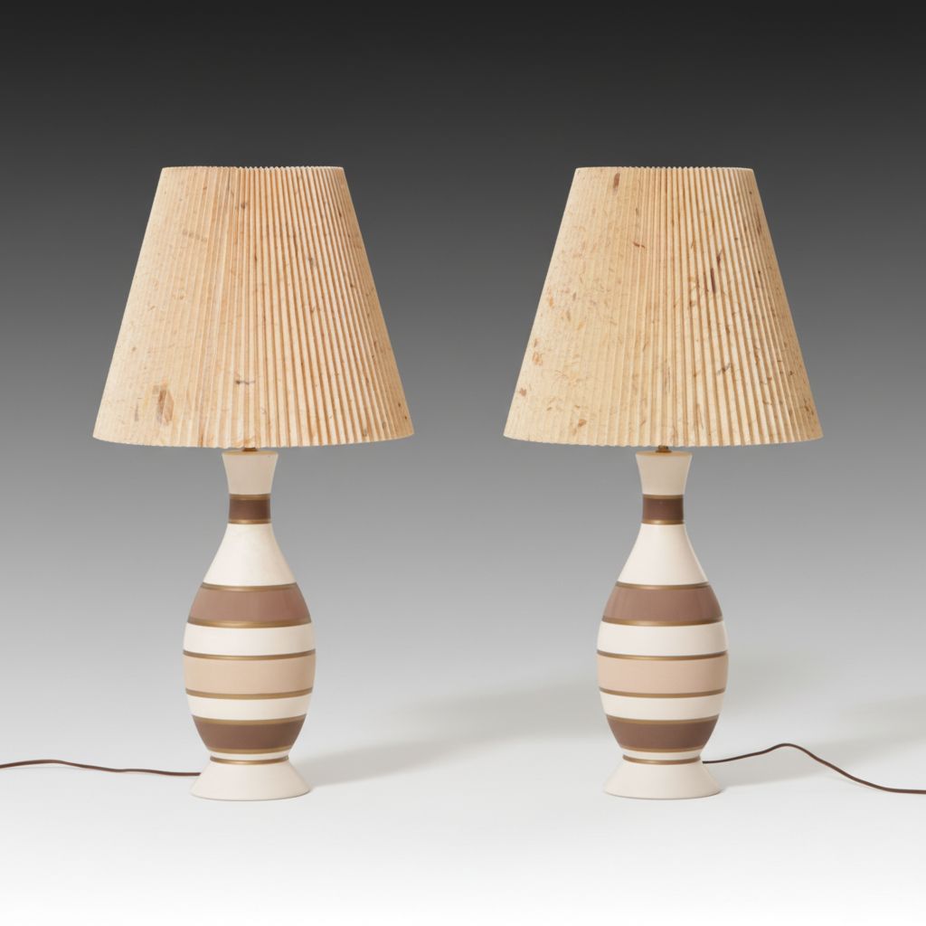 Mid Century Modern Striped Ceramic Table Lamps with Natural Fiber Pleated Shades