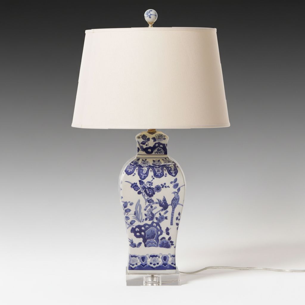 Chinese Porcelain Blue and White Table Lamp with Cotton Shade