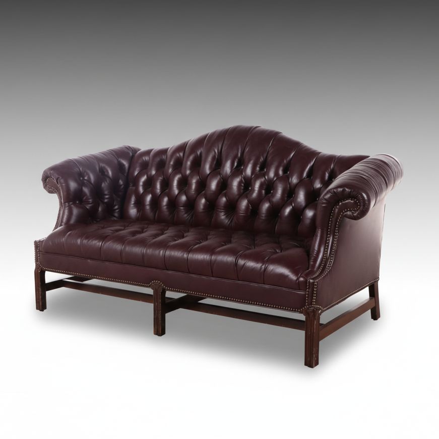 North Hickory Furniture Chippendale Style Tufted Faux Leather Camelback Sofa