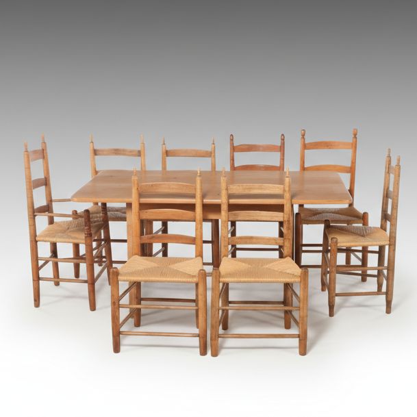 Nine-Piece Dining Set with Danish Modern Table and Shaker Style Chairs